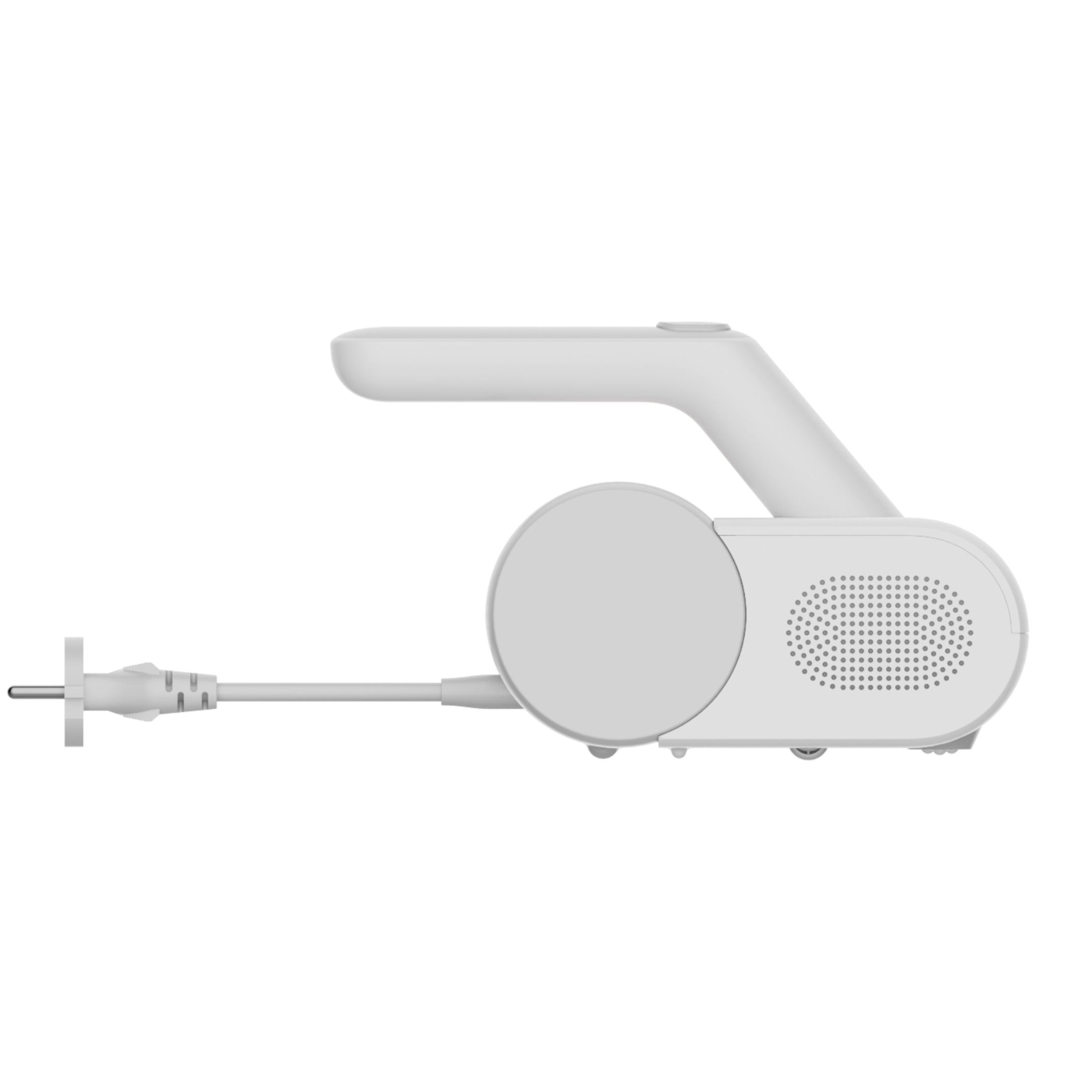 White hand-held blender with a white handle, a white round body, and a power cord.