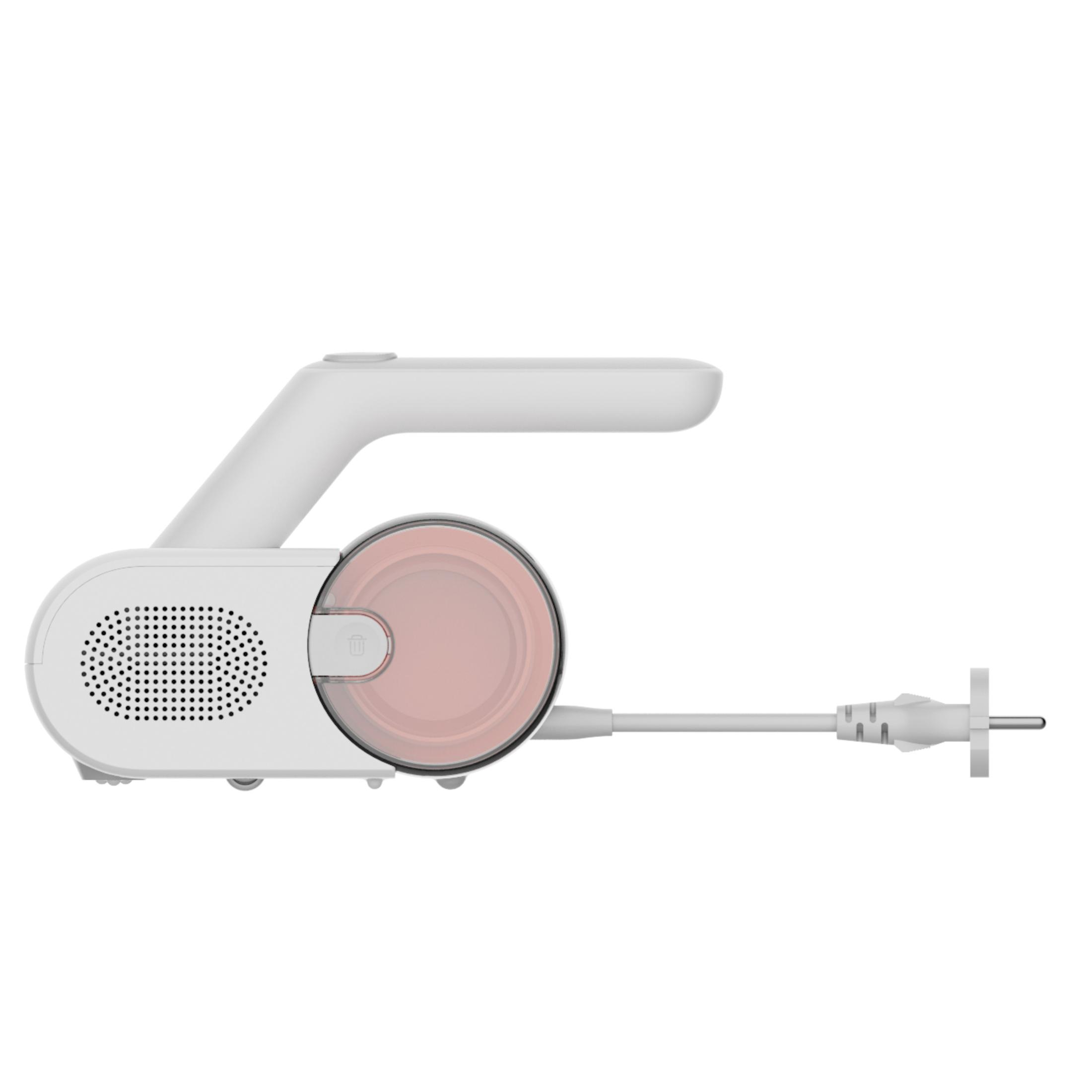 White and pink handheld vacuum cleaner on a white background.