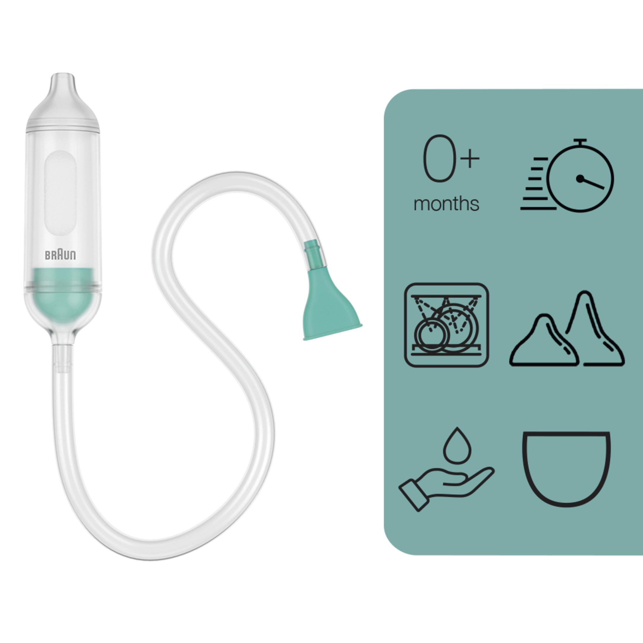 Braun Baby-Nasensauger mit Symbolen für Monate, Timer und Berge.