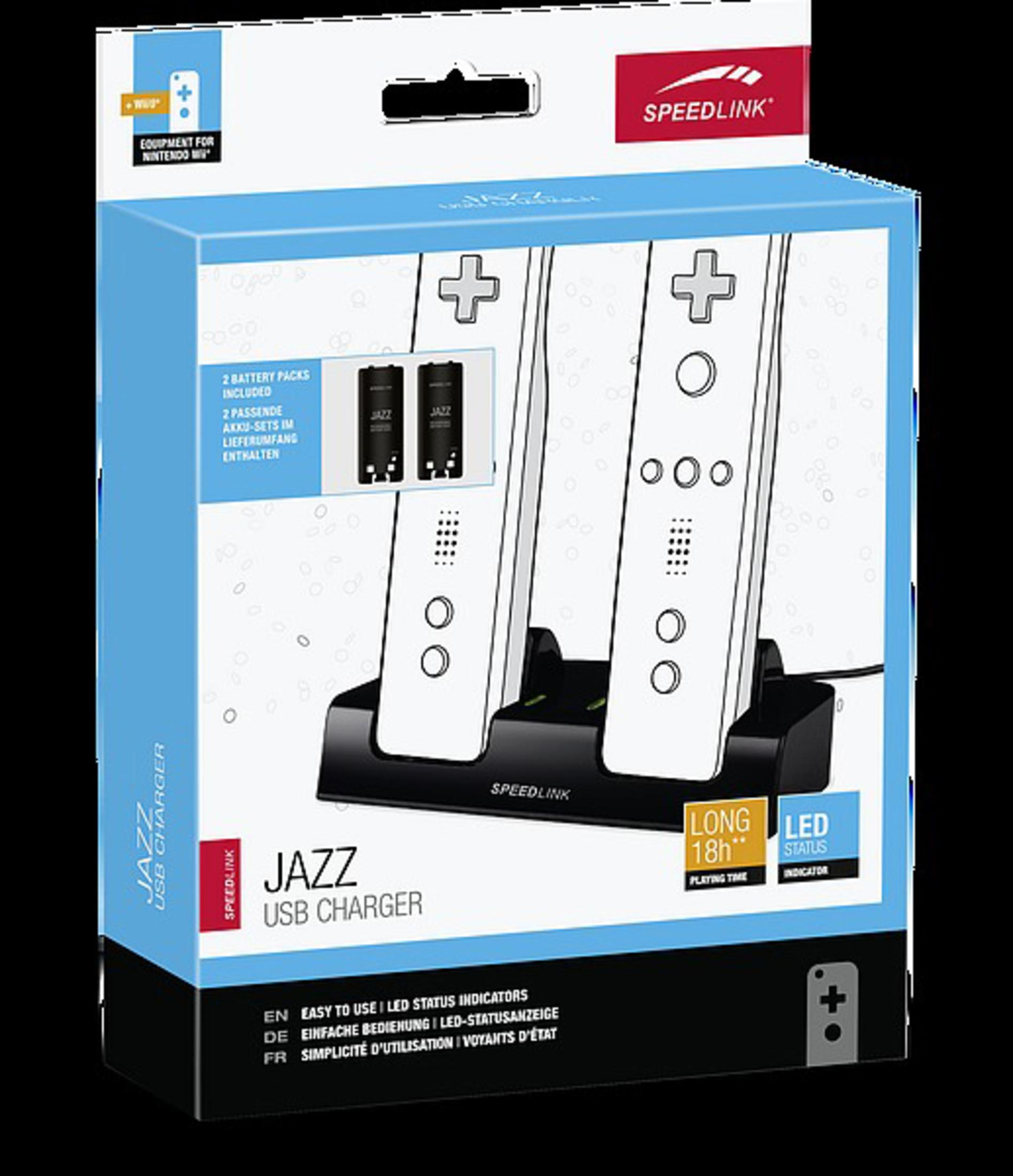 Box für ein Wii-Controller-Ladegerät. Enthält zwei Akkus. Das Ladegerät zeigt zwei Controller.