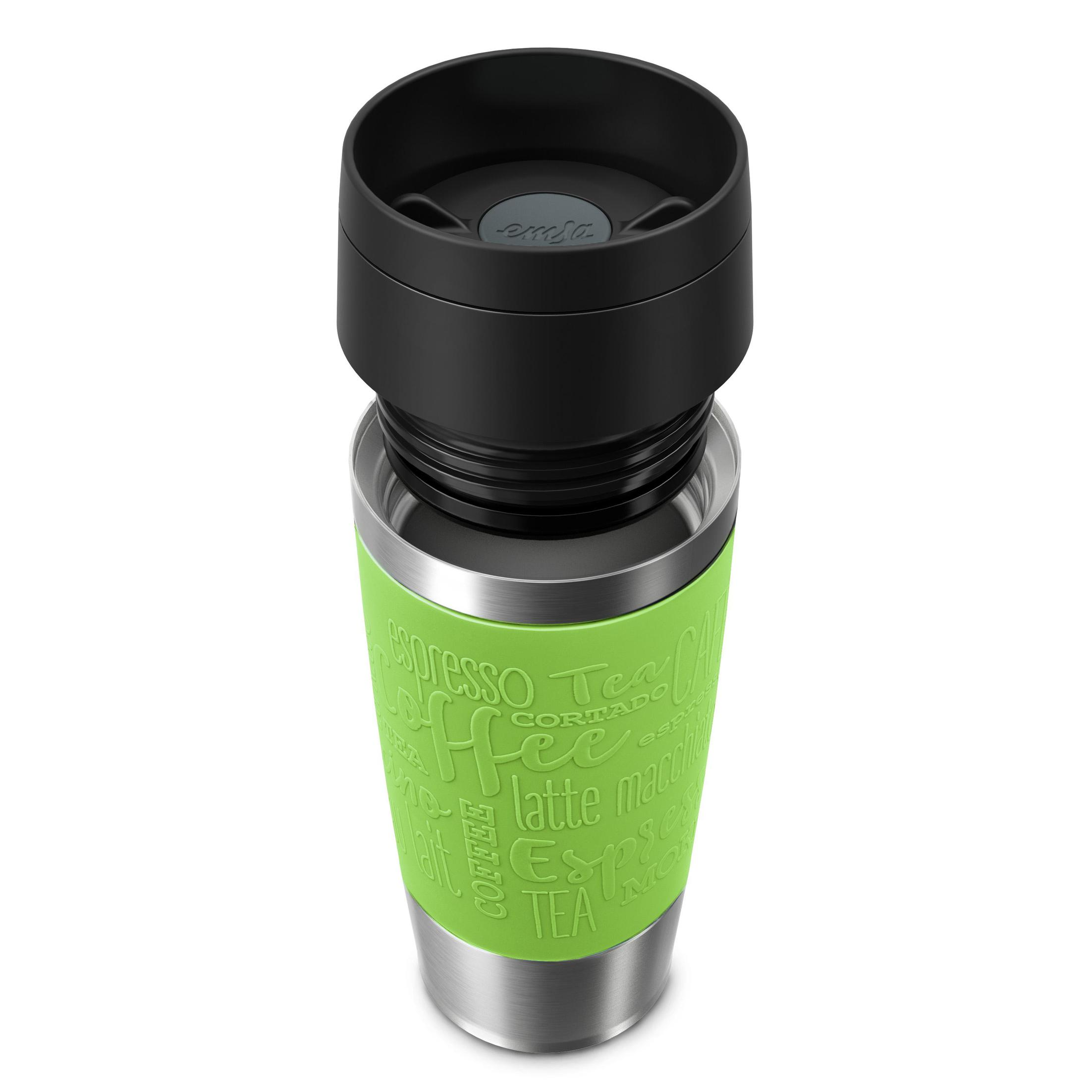 Grüner und silberner Reisebecher mit Kaffeetext, offener Deckel.