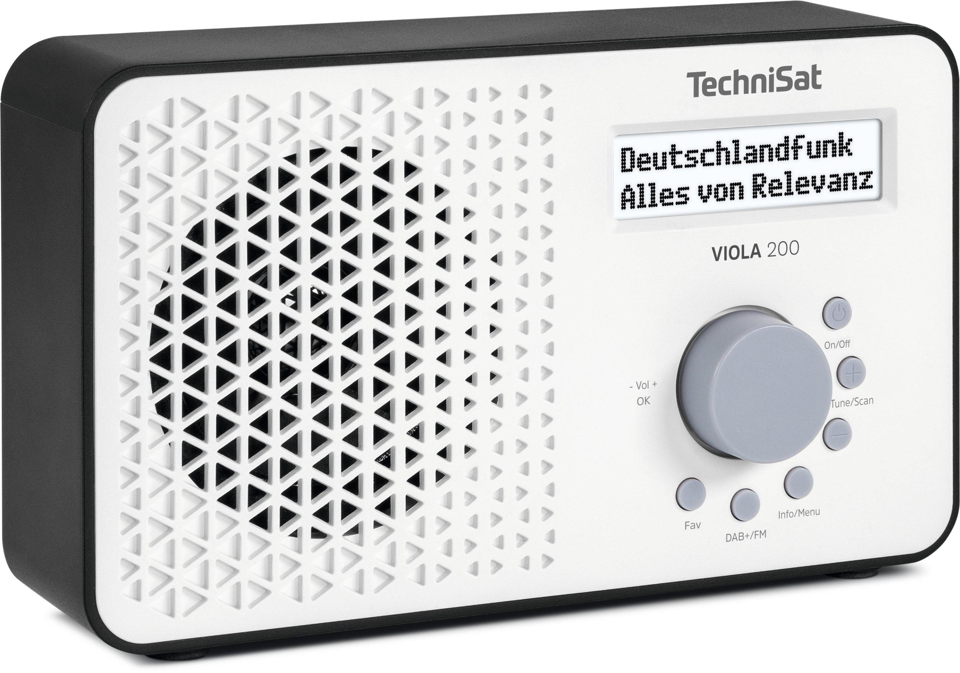 A white and black radio with a digital display and control dial.