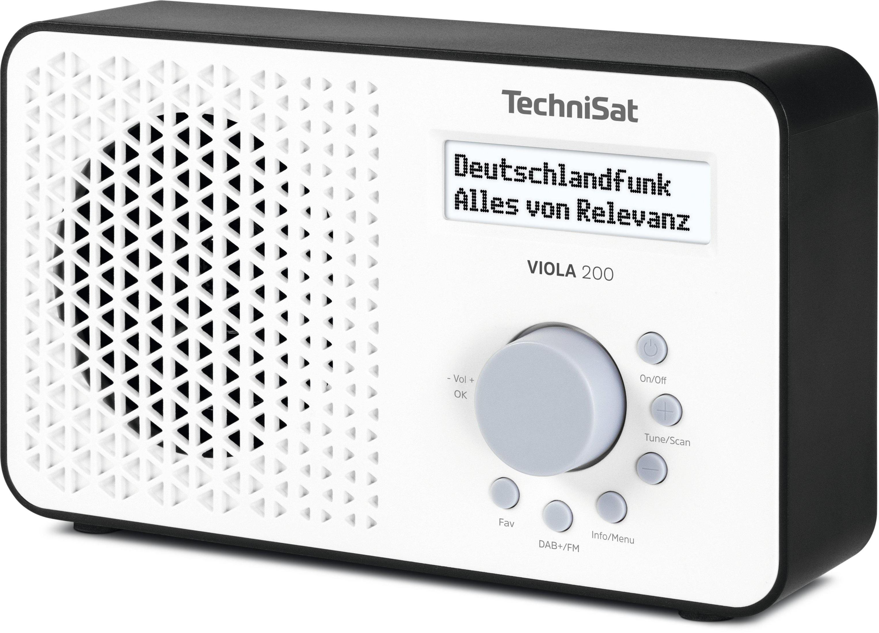 A white and black radio with a display showing text. It has buttons and a dial on the front.