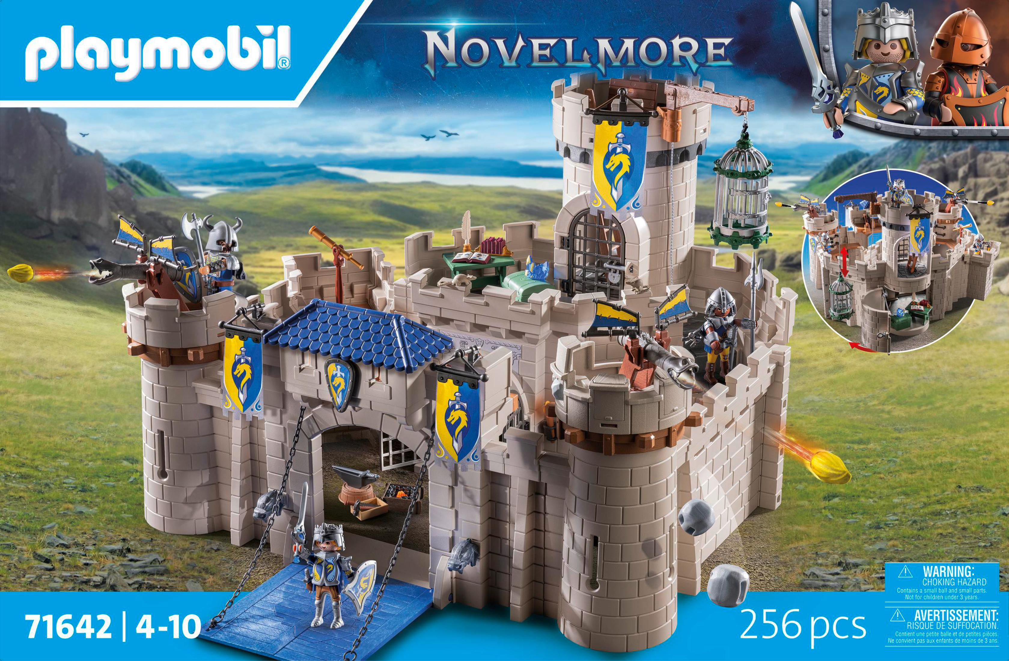 Set scatola castello Playmobil Novelmore. Il castello è beige con cavalieri e accessori.