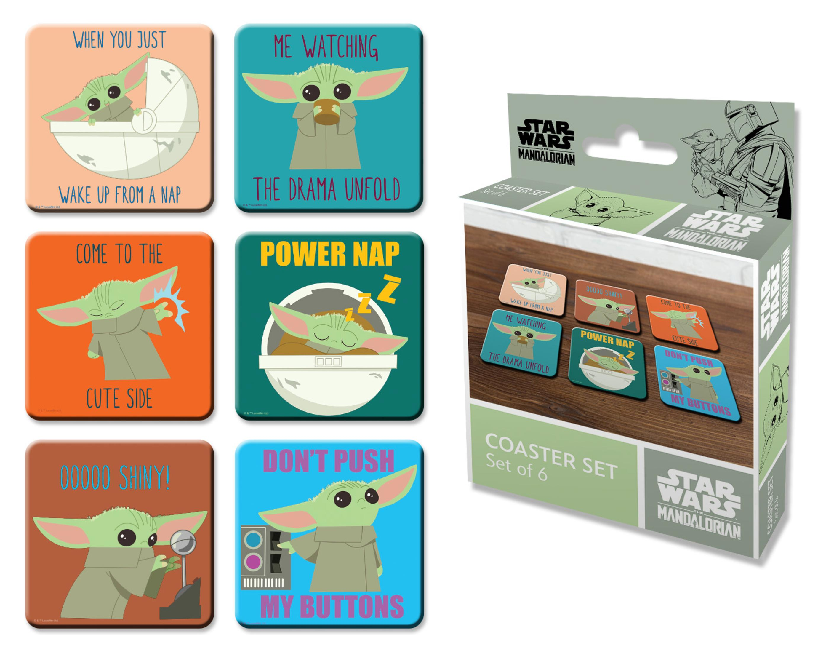 Ein Set von sechs Star Wars Grogu Untersetzern in einer Box, mit Grogu-Bildern.
