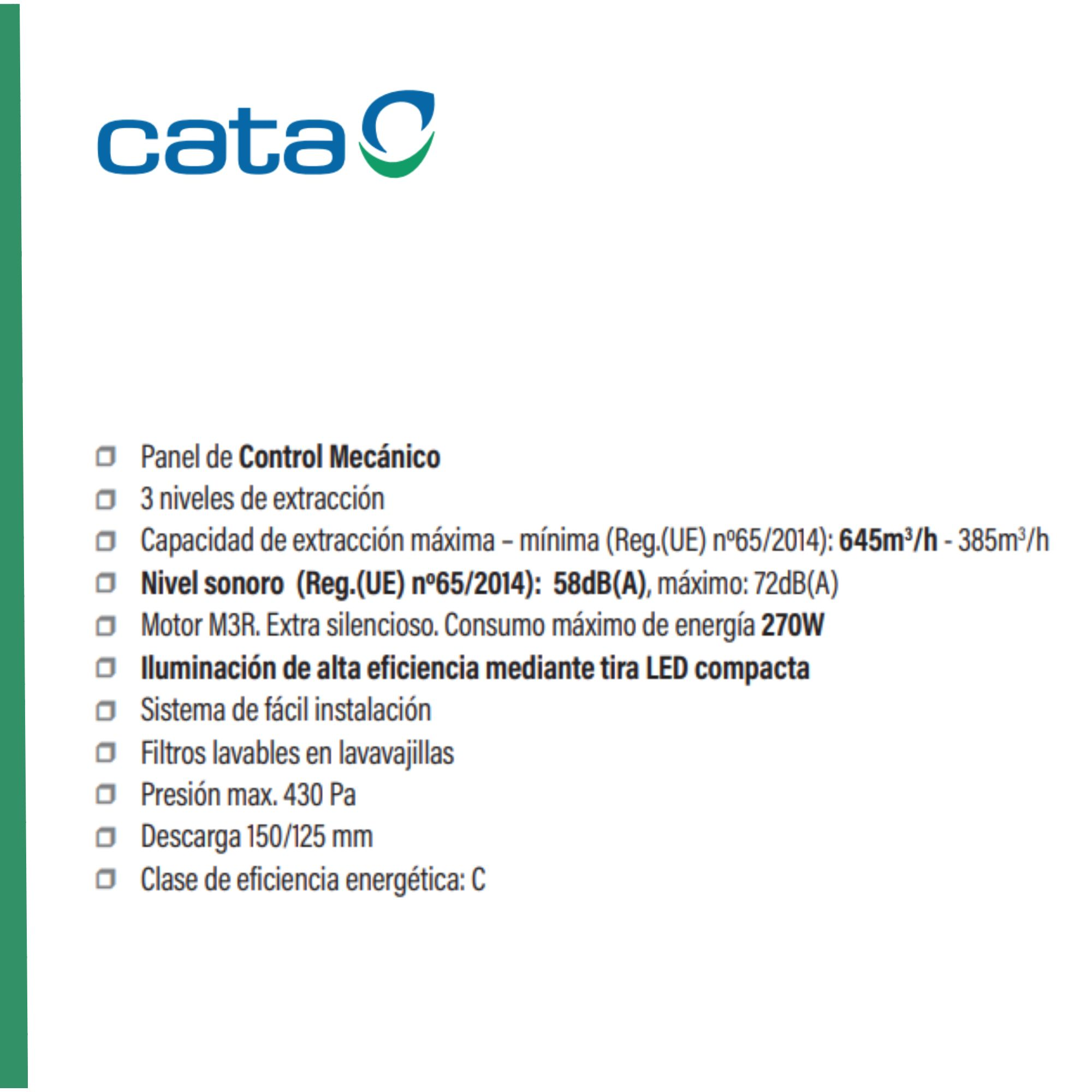 Testo su sfondo bianco: il marchio 'cata' e alcune specifiche tecniche su un prodotto.