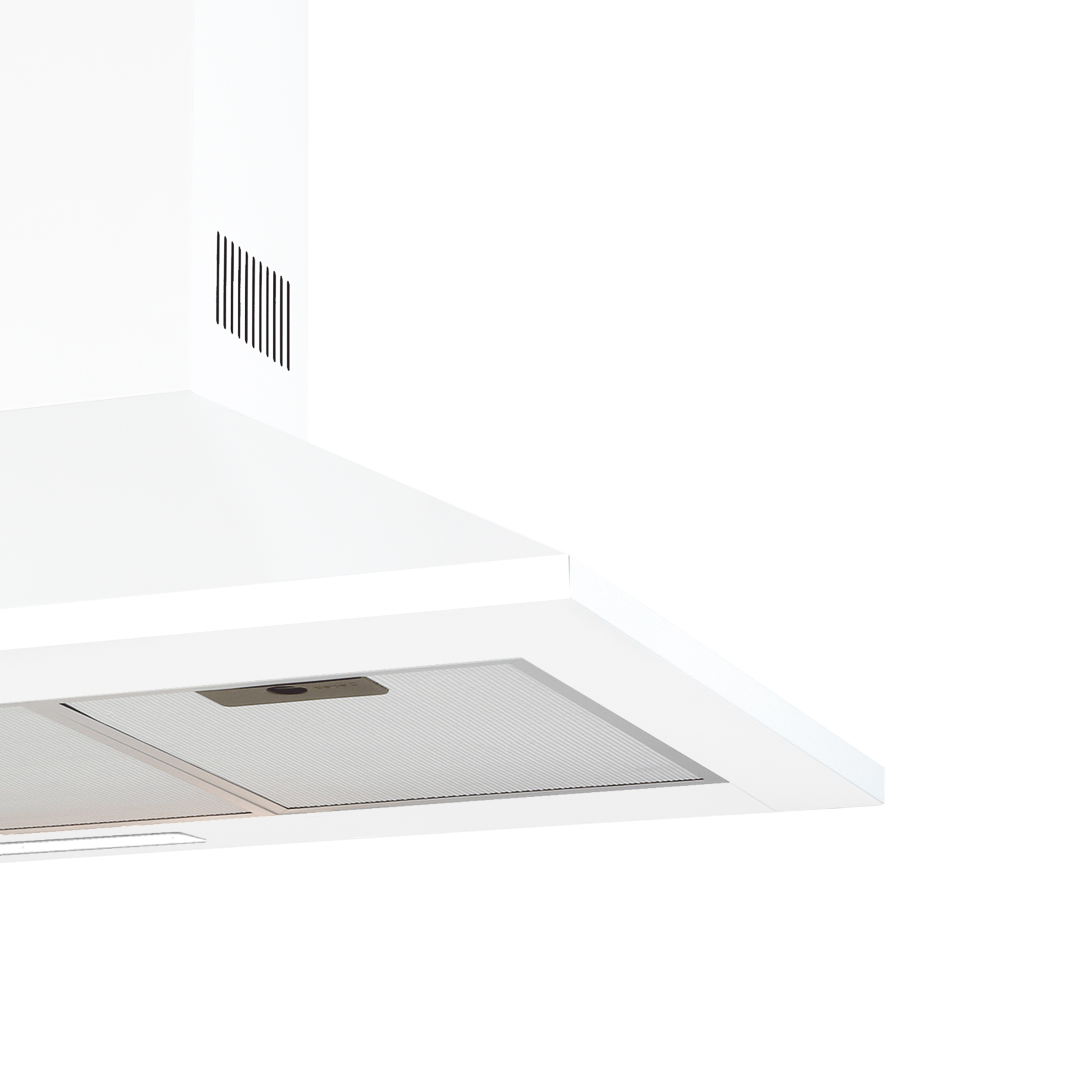 Una cappa bianca, vista angolata, mostra fessure di ventilazione e un filtro a rete metallica su sfondo bianco.