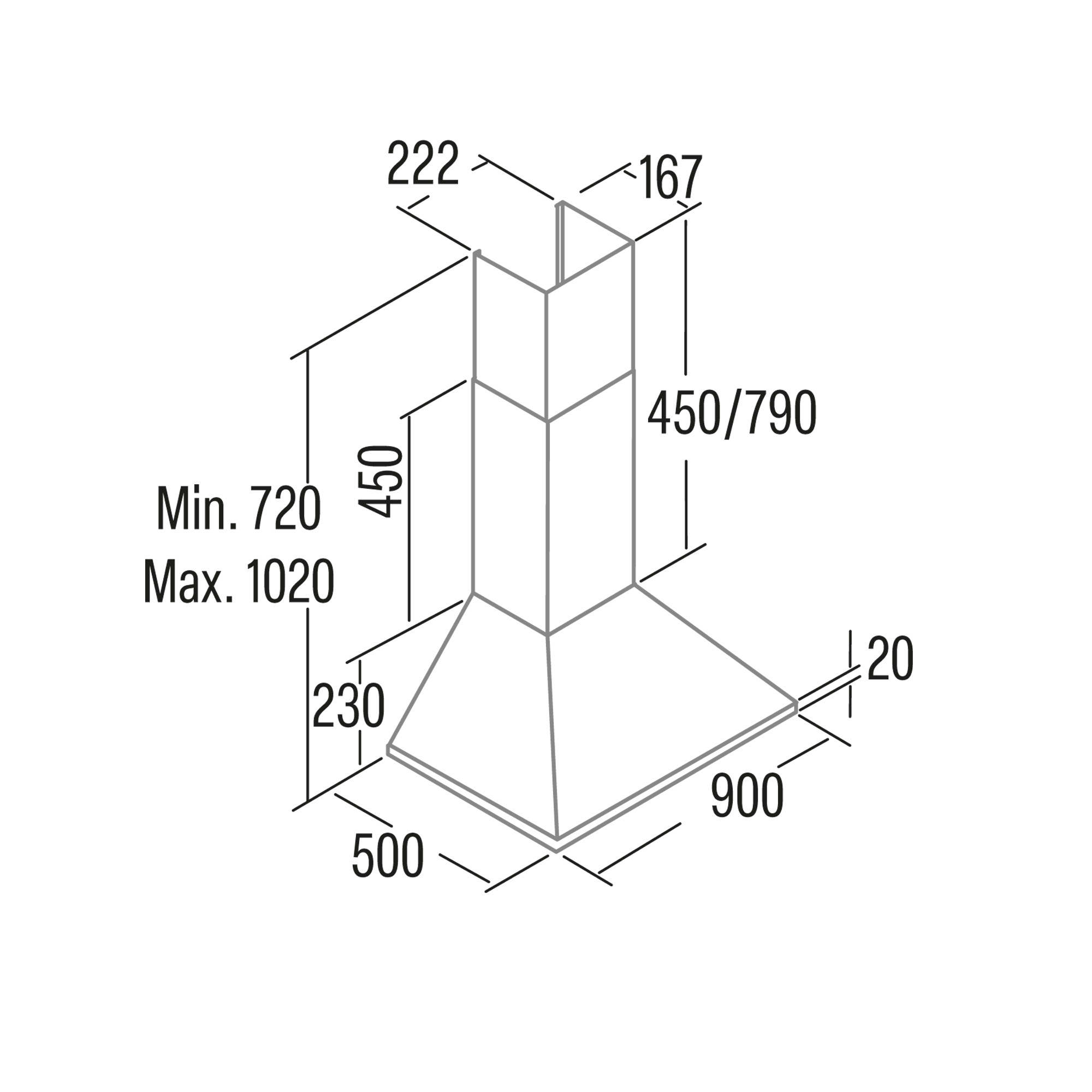 Diagramma di una cappa da cucina, con dimensioni espresse in millimetri. La cappa è argentata.