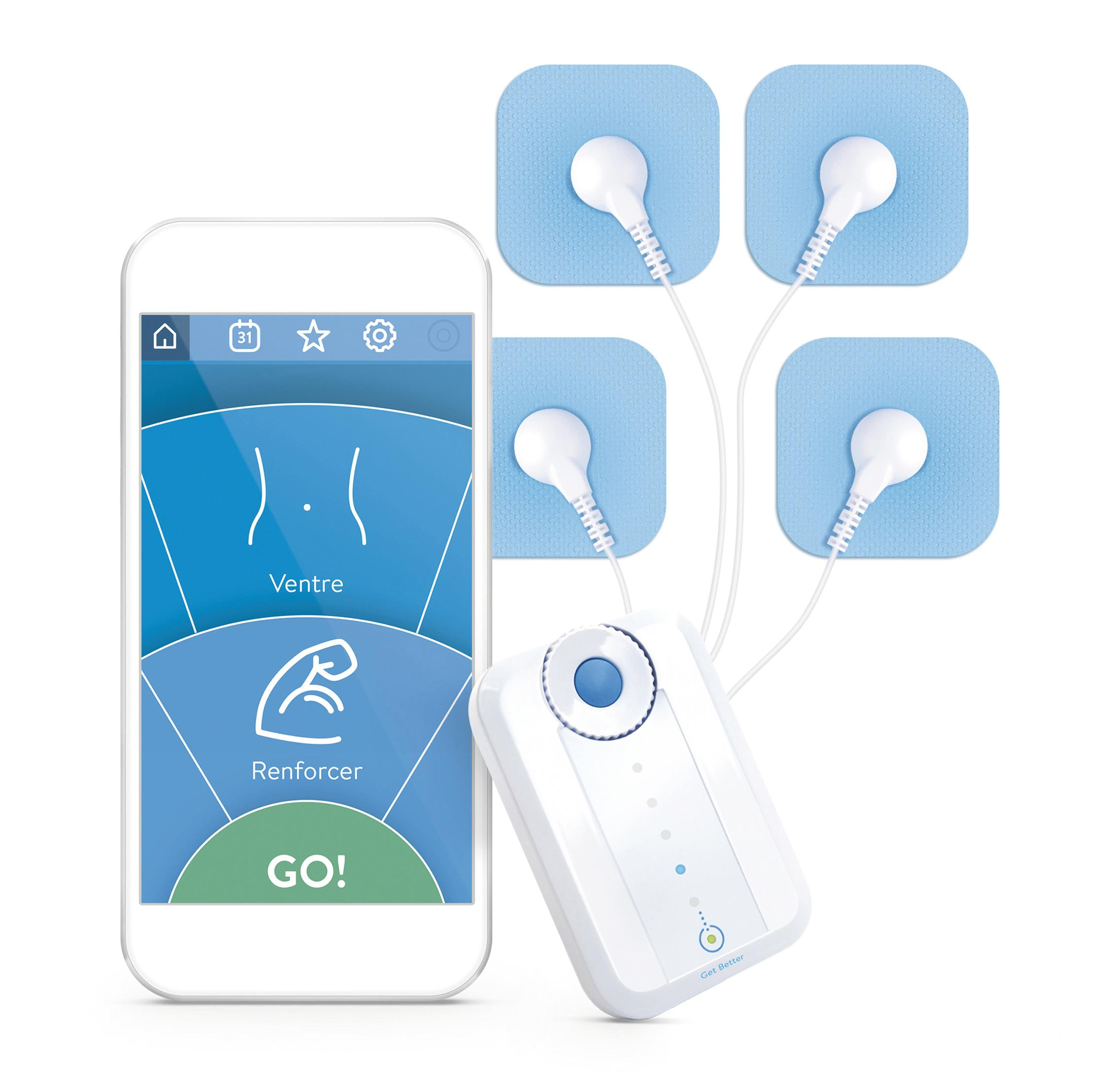 Ein weißes Gerät mit einem Smartphone, das eine App-Oberfläche und blaue Elektrodenpads anzeigt.