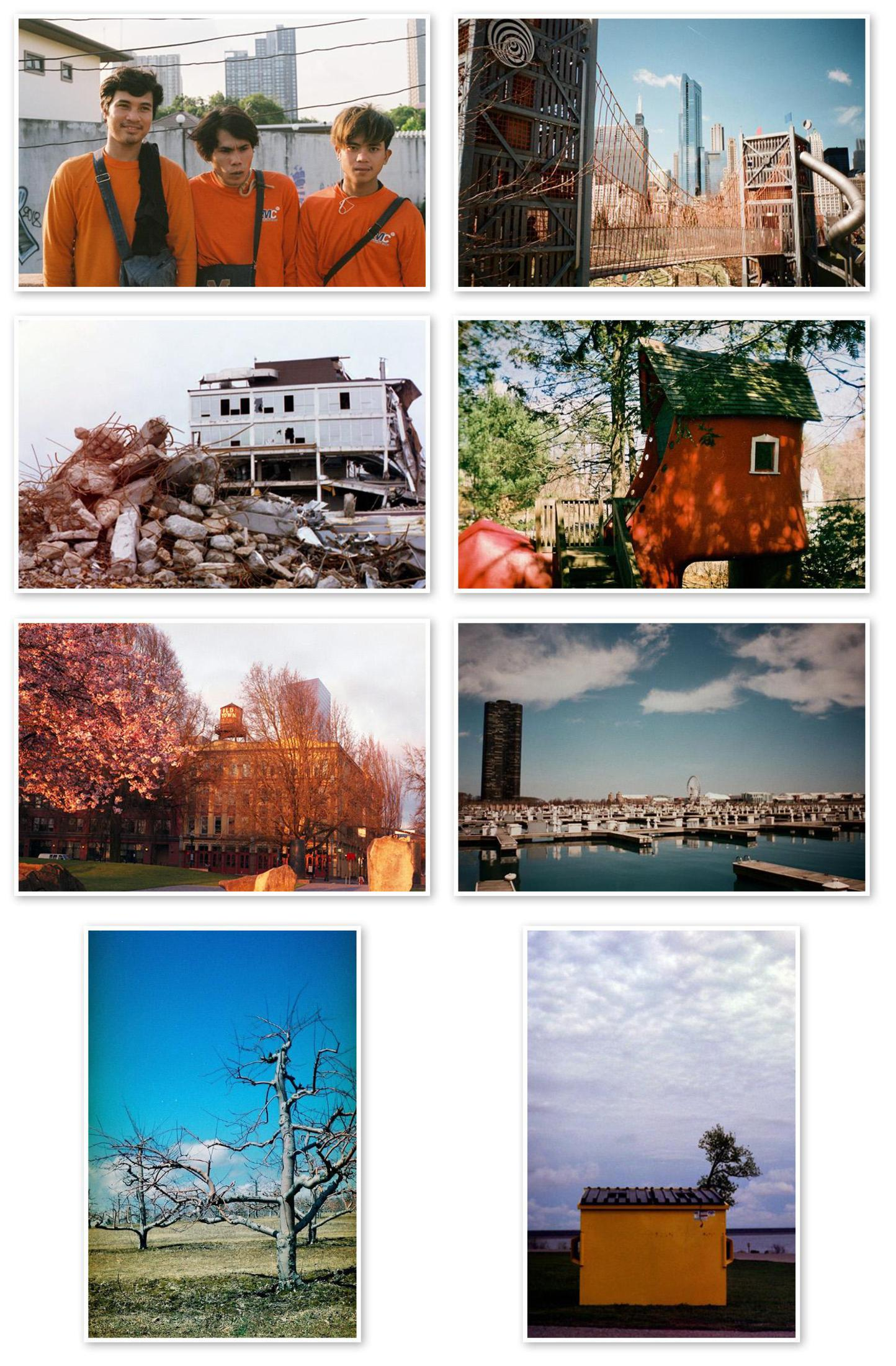 Collage di foto colorate: persone in arancione, paesaggio urbano, casa, alberi, edificio, lago, alberi.