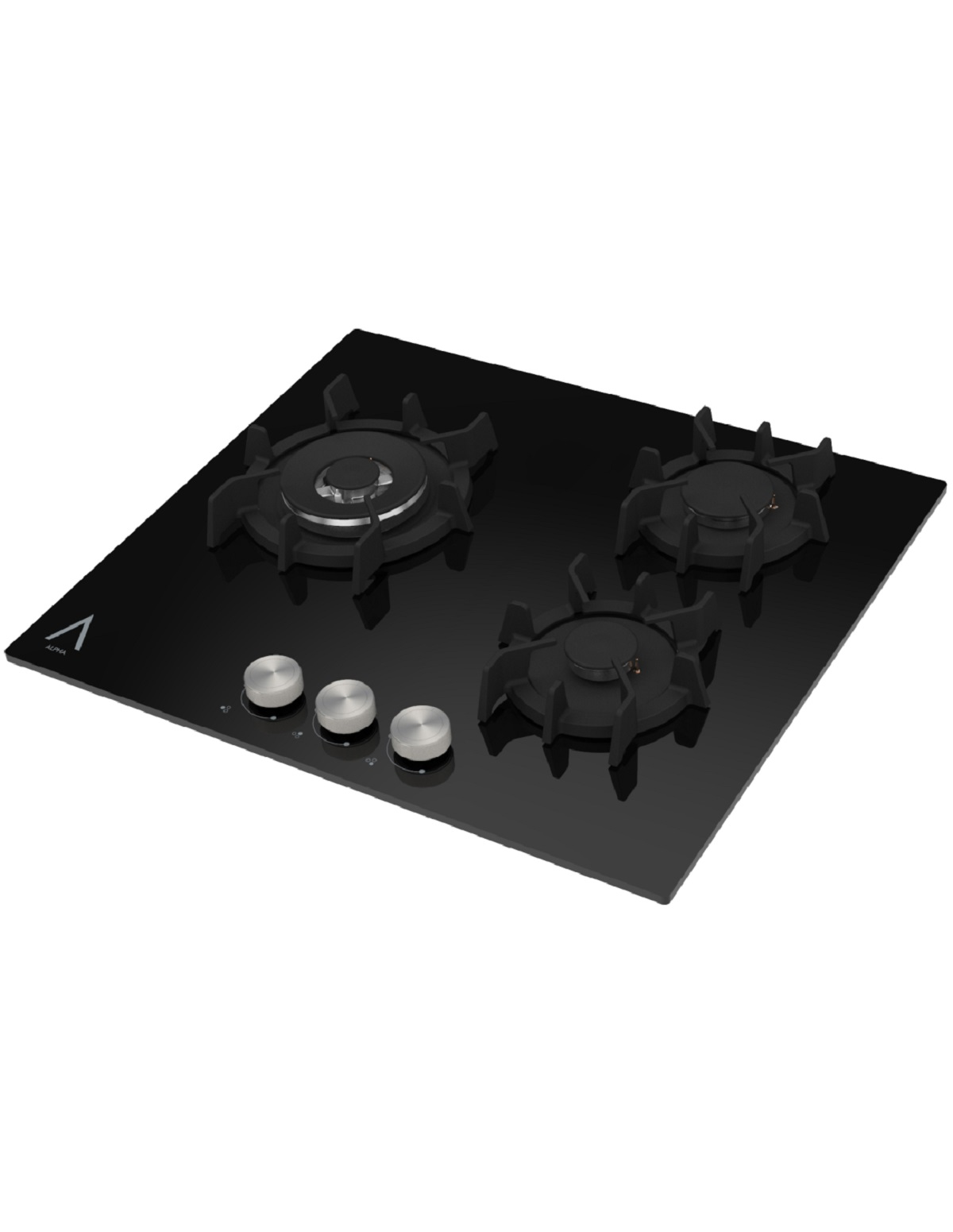 Una encimera de cocina de vidrio negro con tres quemadores y perillas plateadas.