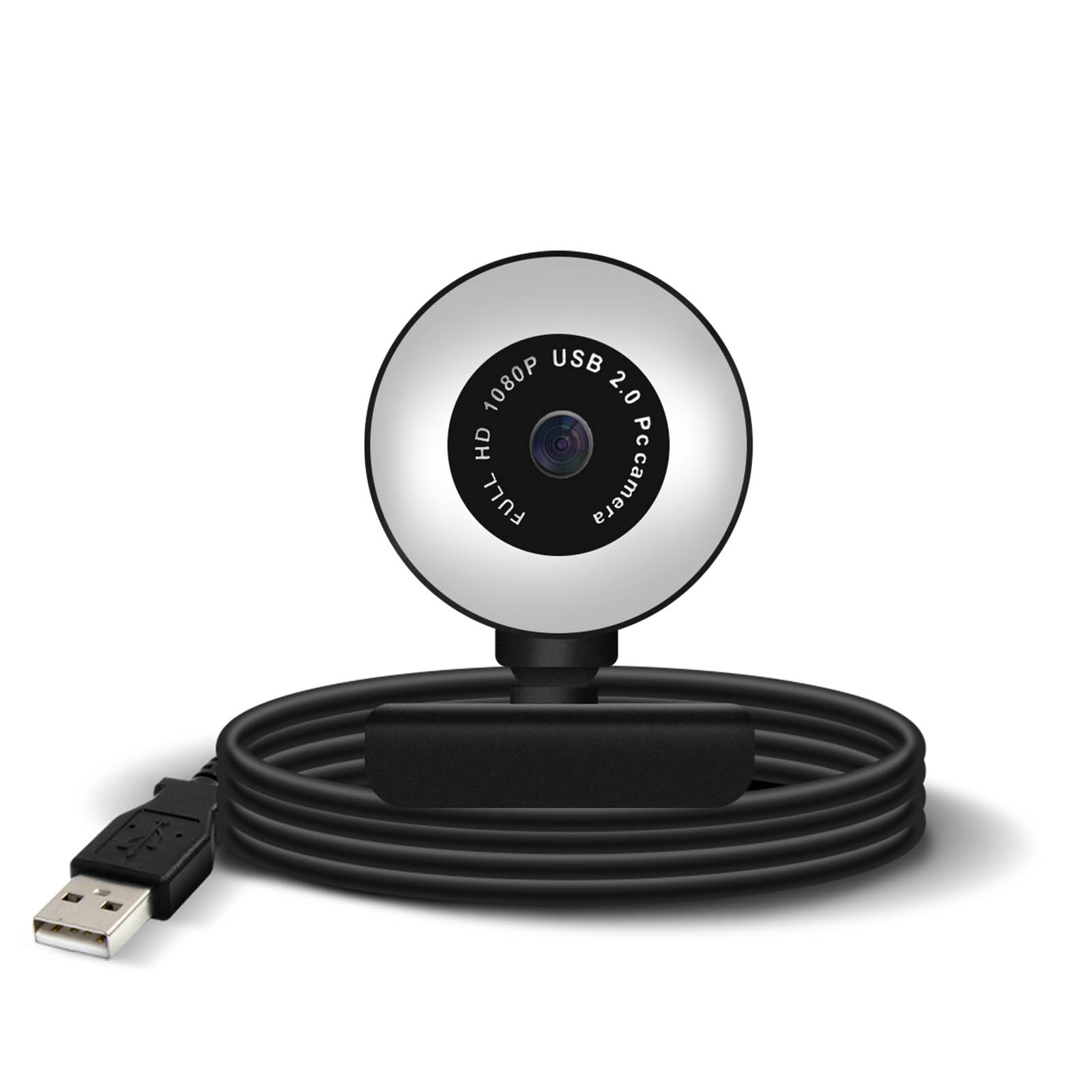 Silberne und schwarze Webcam mit schwarzem USB-Kabel.
