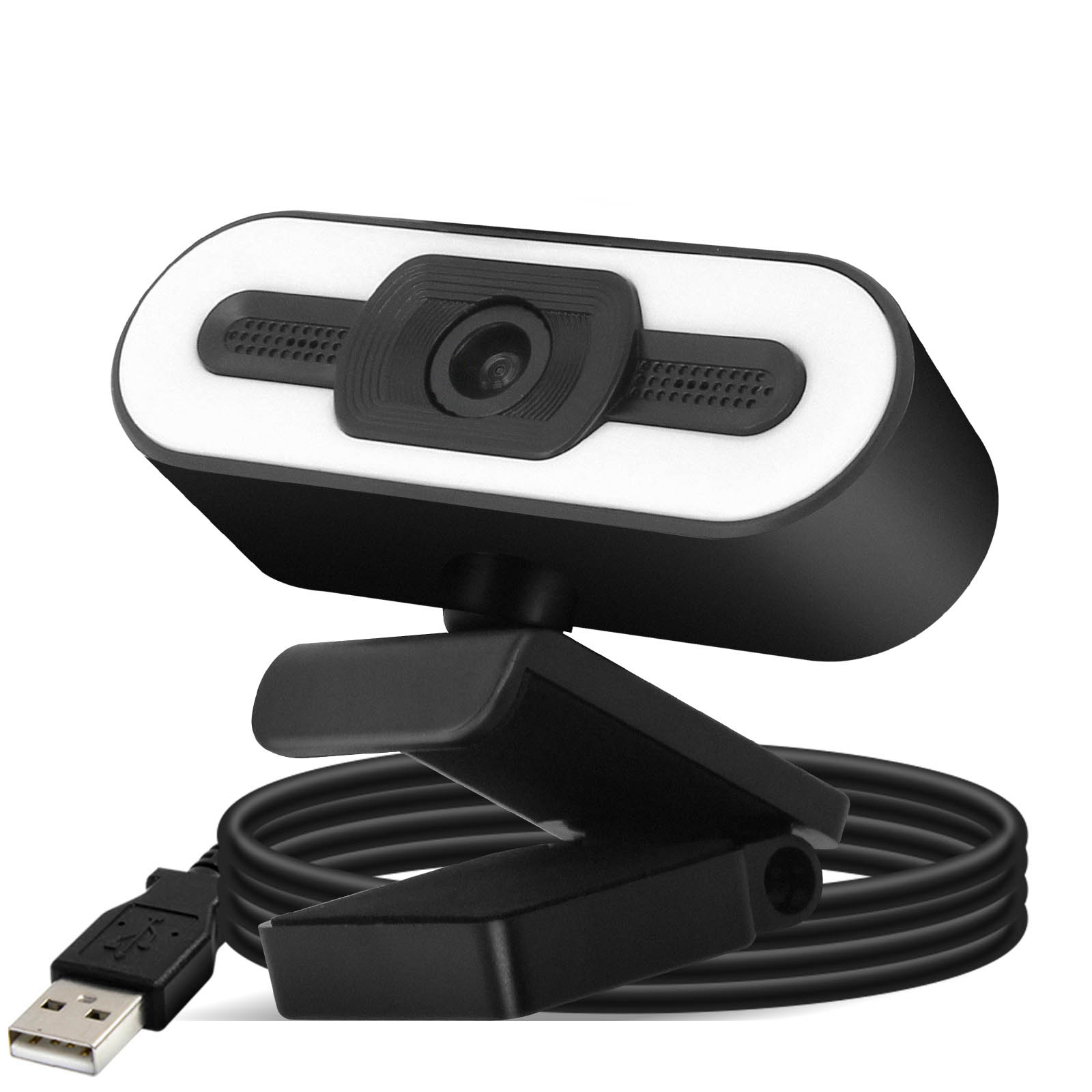 Webcam in bianco e nero con cavo USB e supporto.