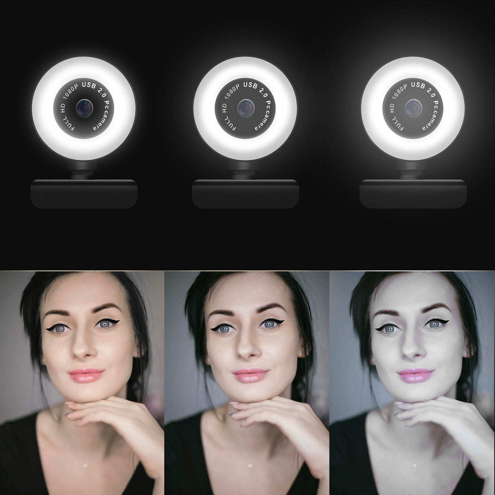 Drei Webcams mit Lichtring. Drei Frauen mit verschiedenen Helligkeitsstufen.