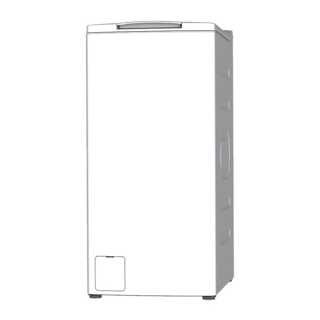 Un congelatore bianco è in piedi. Ha una maniglia, una piccola porta e un lato grigio con dettagli. È isolato su bianco.