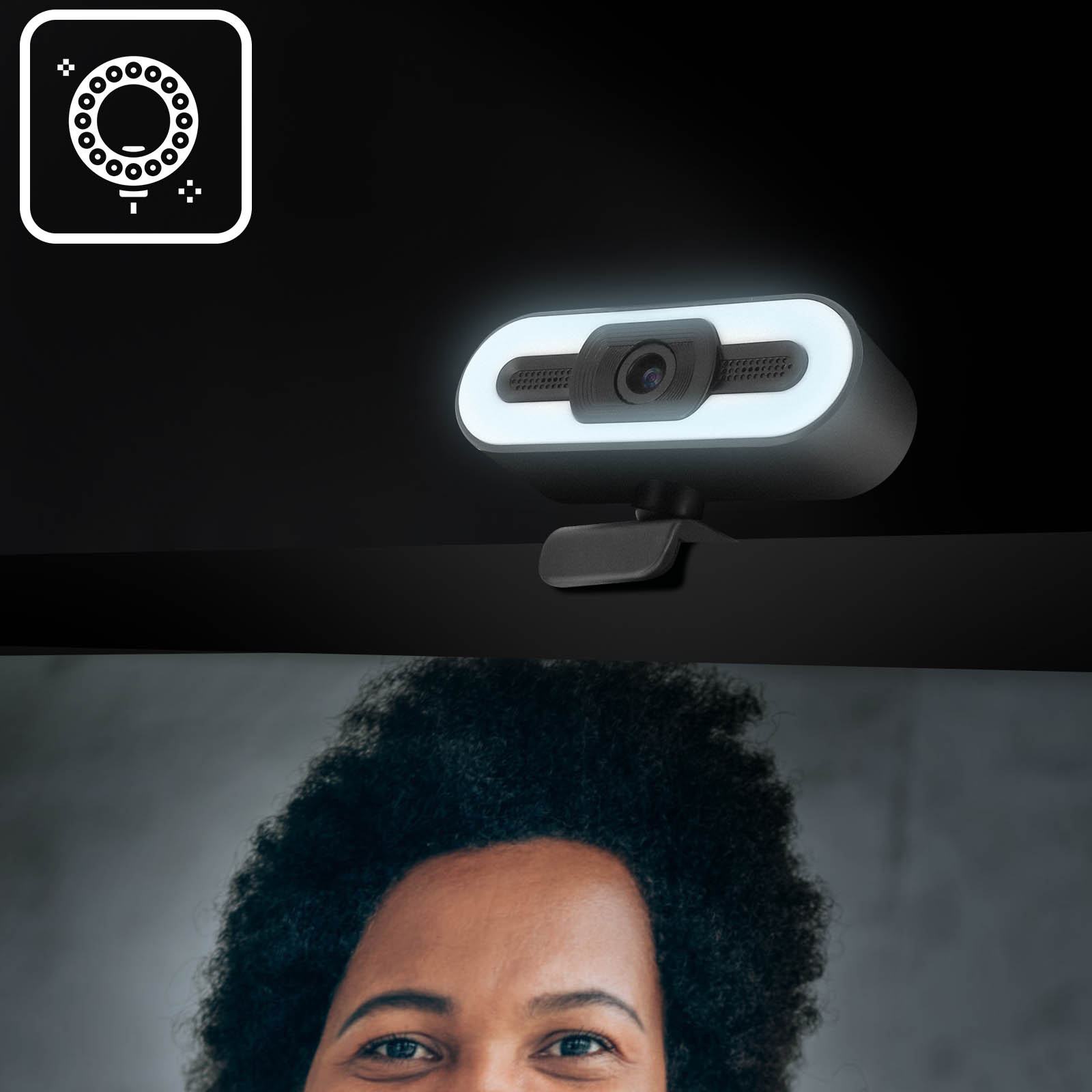 Una webcam con un anello luminoso su una superficie nera.