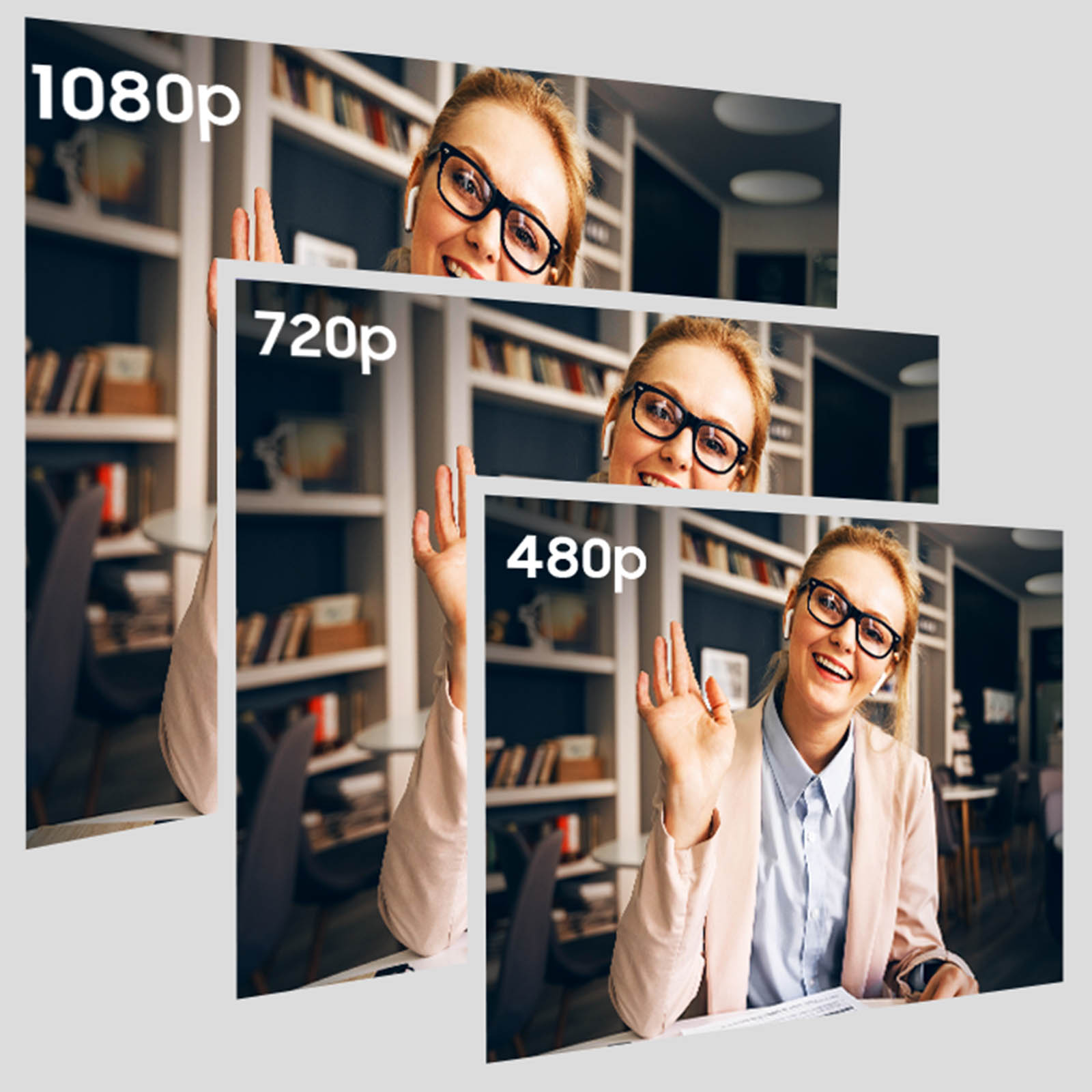 Drei Displays, die eine winkende Frau zeigen, mit Auflösungen von 1080p, 720p und 480p.