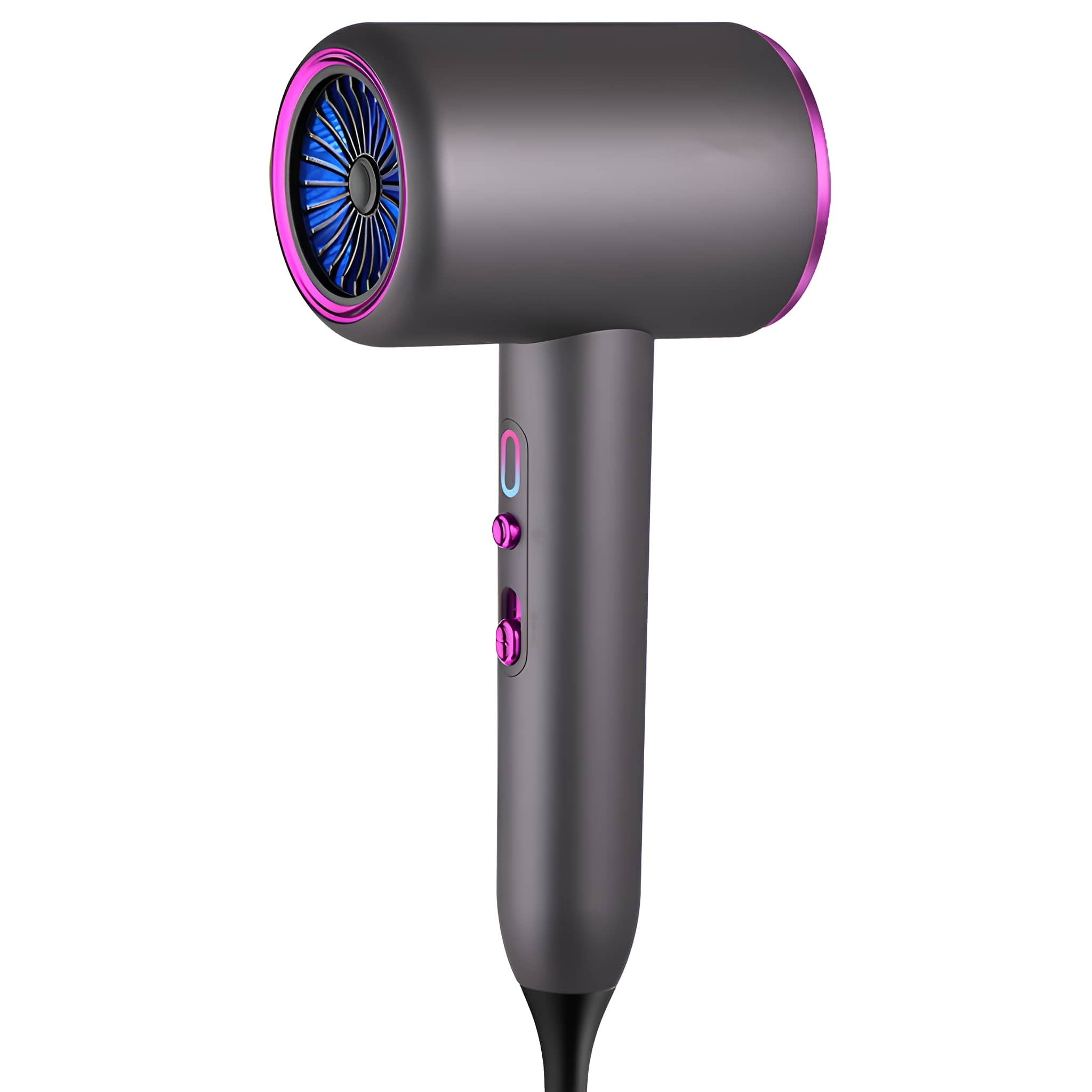 Grauer Haartrockner mit rosa Akzenten und einem blauen Lüfter. Weißer Hintergrund.