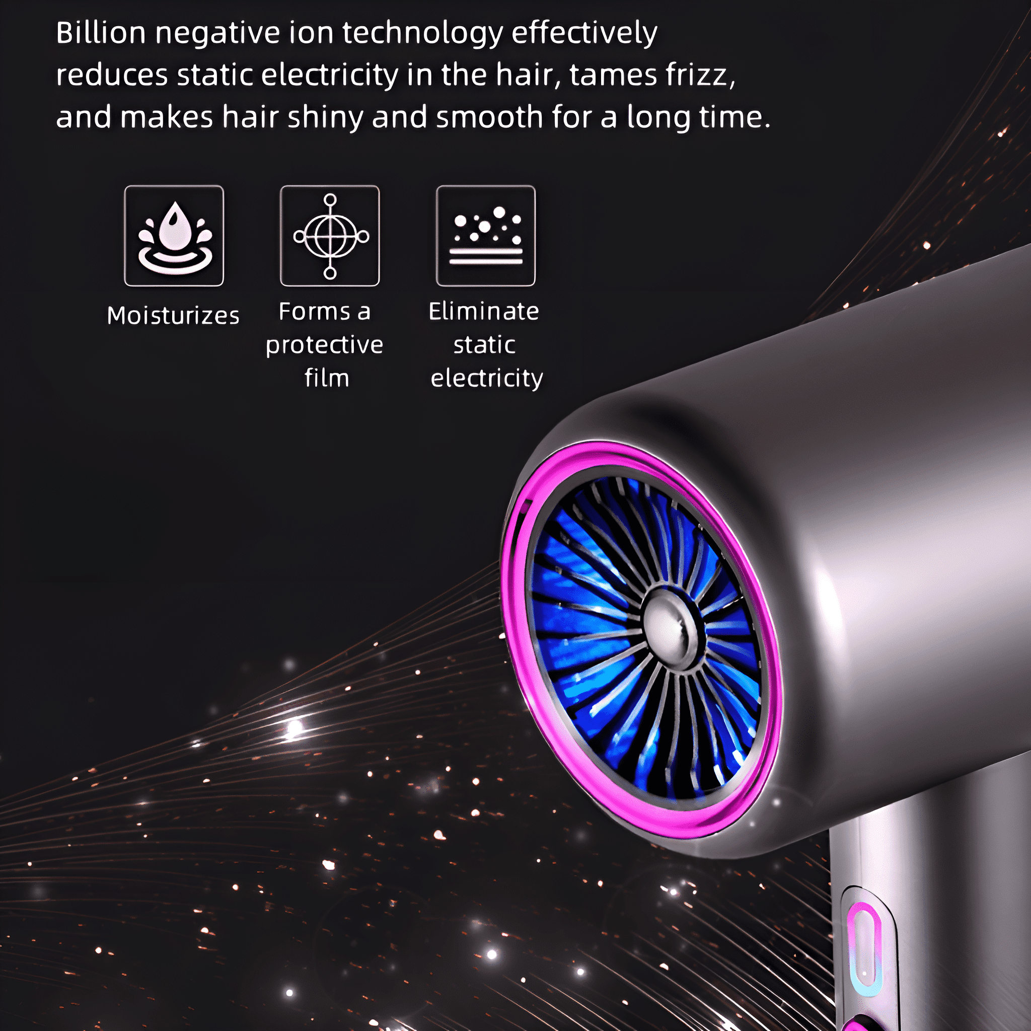Nahaufnahme eines Haartrockners. Verfügt über blaues Licht und einen rosa Ring. Text über Ionentechnologie.
