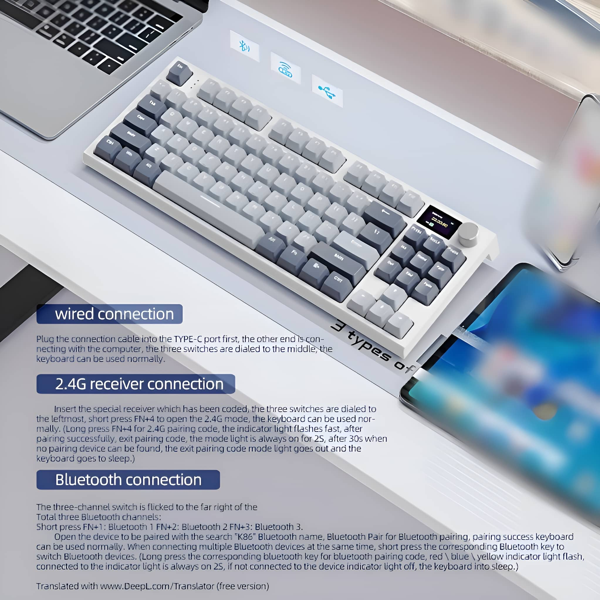 Tastatur mit weißen und grauen Tasten. Verschiedene Verbindungstypen werden auf weißer Oberfläche angezeigt.