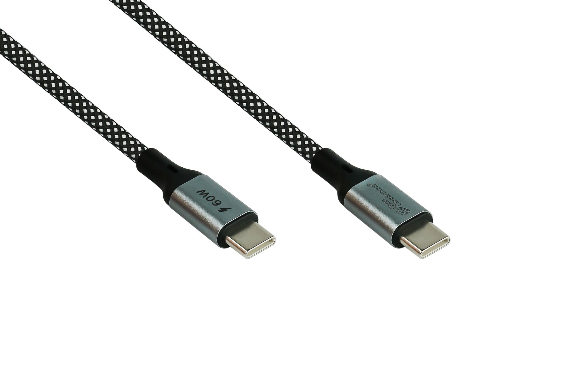 Schwarz-weiß geflochtenes USB-C-Kabel mit 60W-Etikett und silbernen Steckern, weißer Hintergrund.
