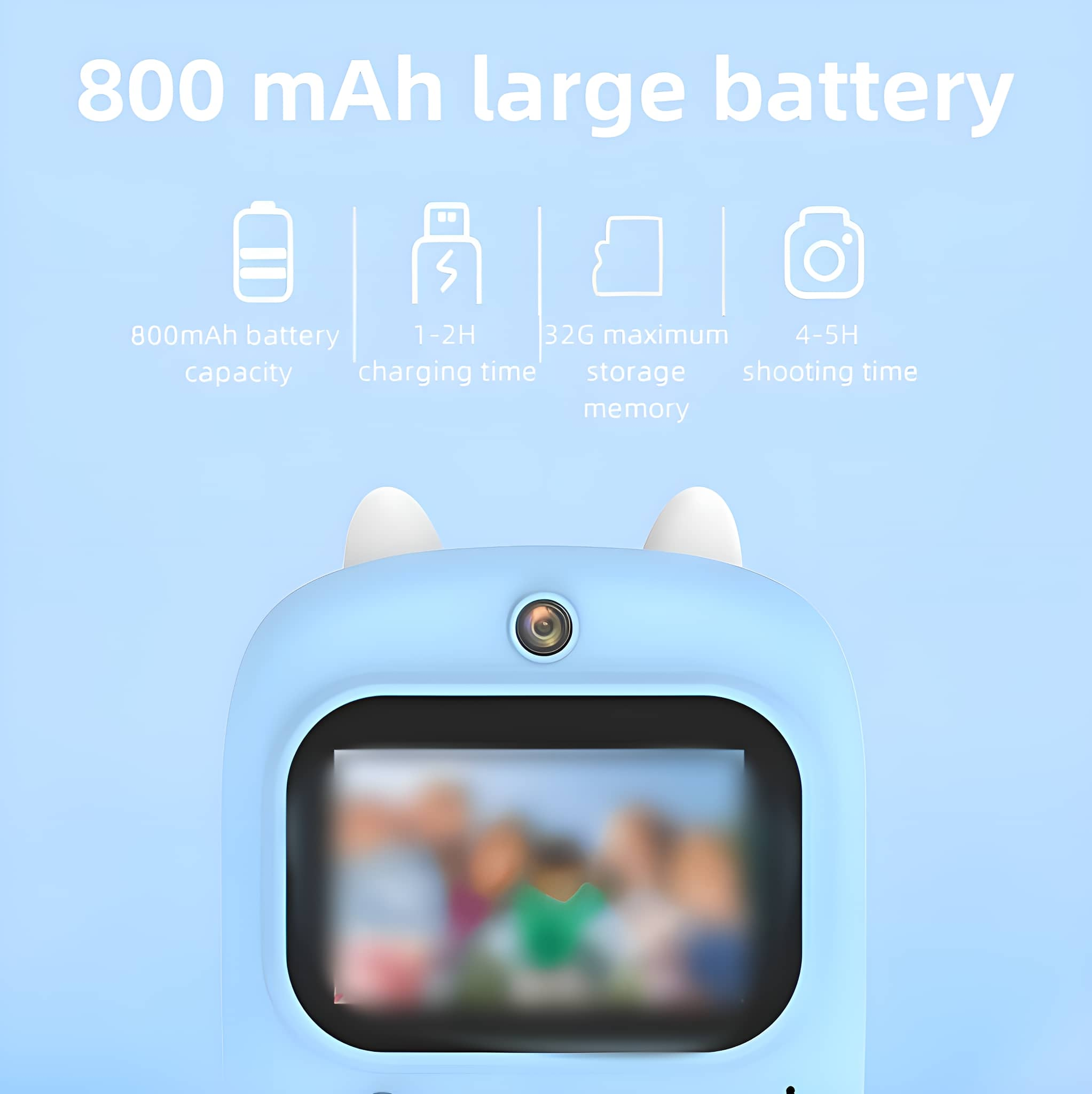 Blaue Kamera mit Bildschirm, der ein Bild zeigt. Text zeigt Batteriekapazität und Aufnahmezeit.