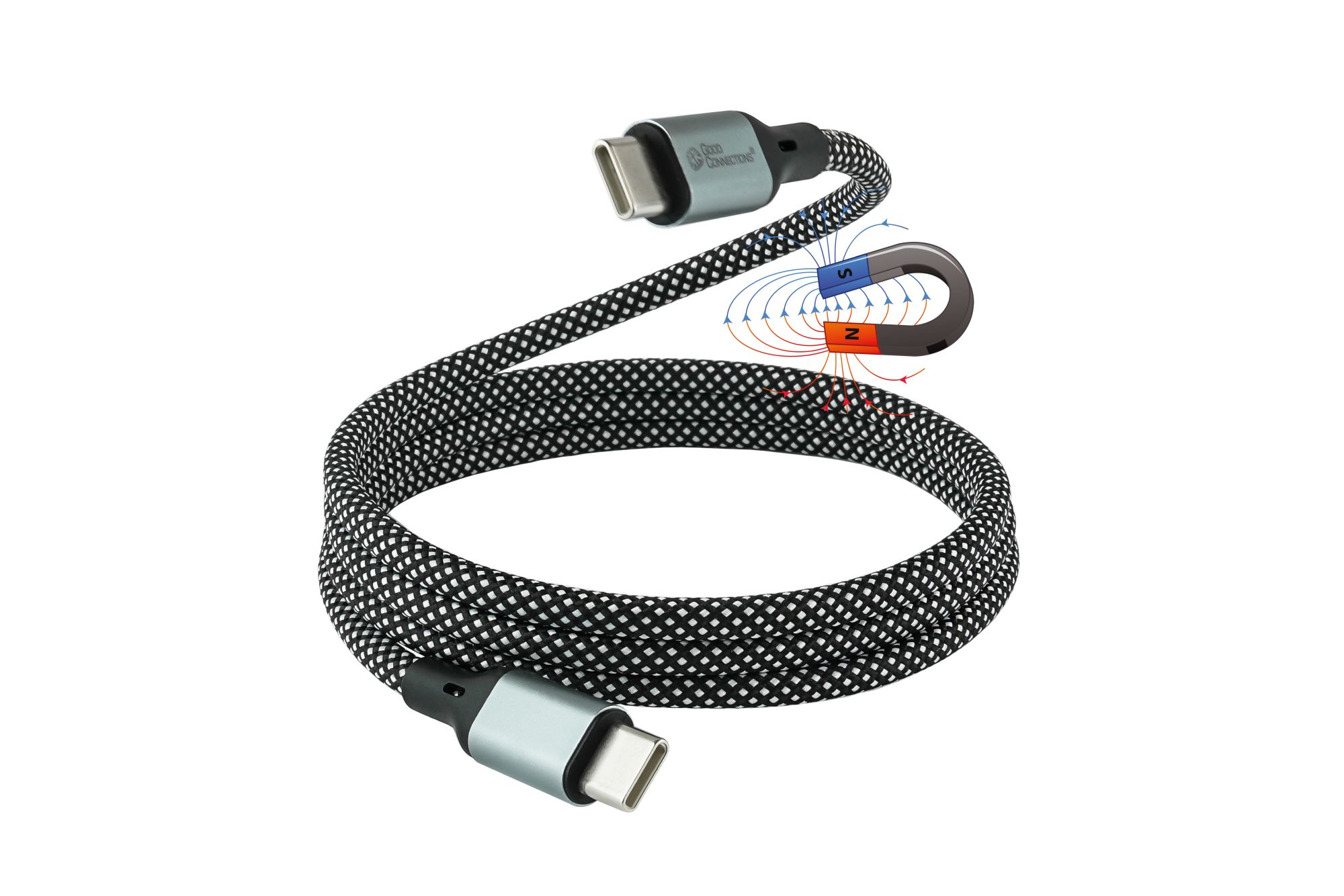 Geflochtenes USB-C-Kabel mit magnetischen Enden. Ein Ende ist angeschlossen, das andere zeigt ein Magnetfelddiagramm.
