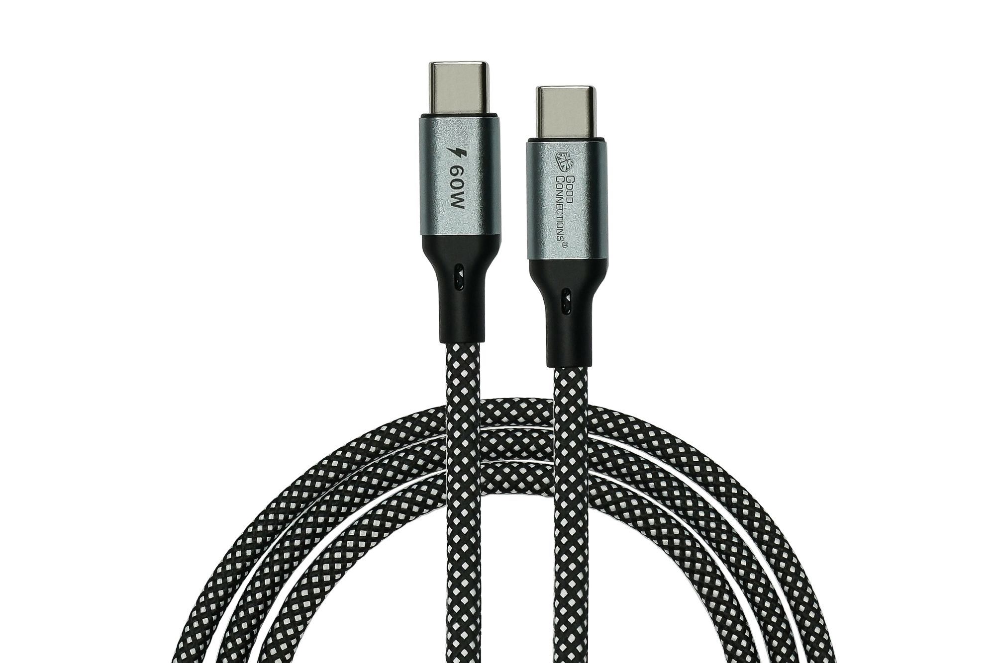 Zwei USB-C-Kabel mit grauen Steckern und schwarz-weiß geflochtenen Kabeln. Weißer Hintergrund.
