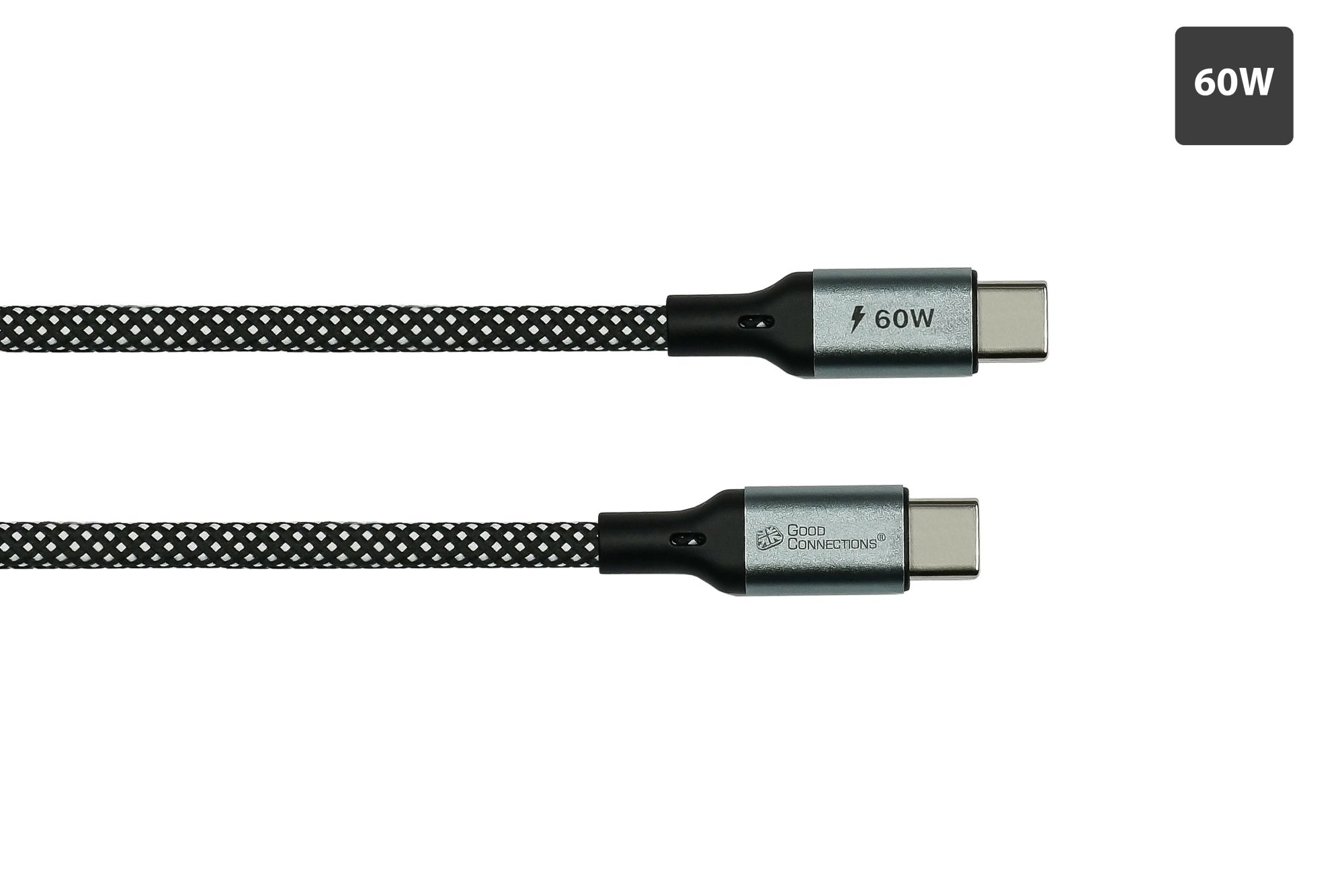 Zwei schwarze und graue USB-C-Kabel mit 60W-Leistungsangabe am Stecker, auf weißem Hintergrund.