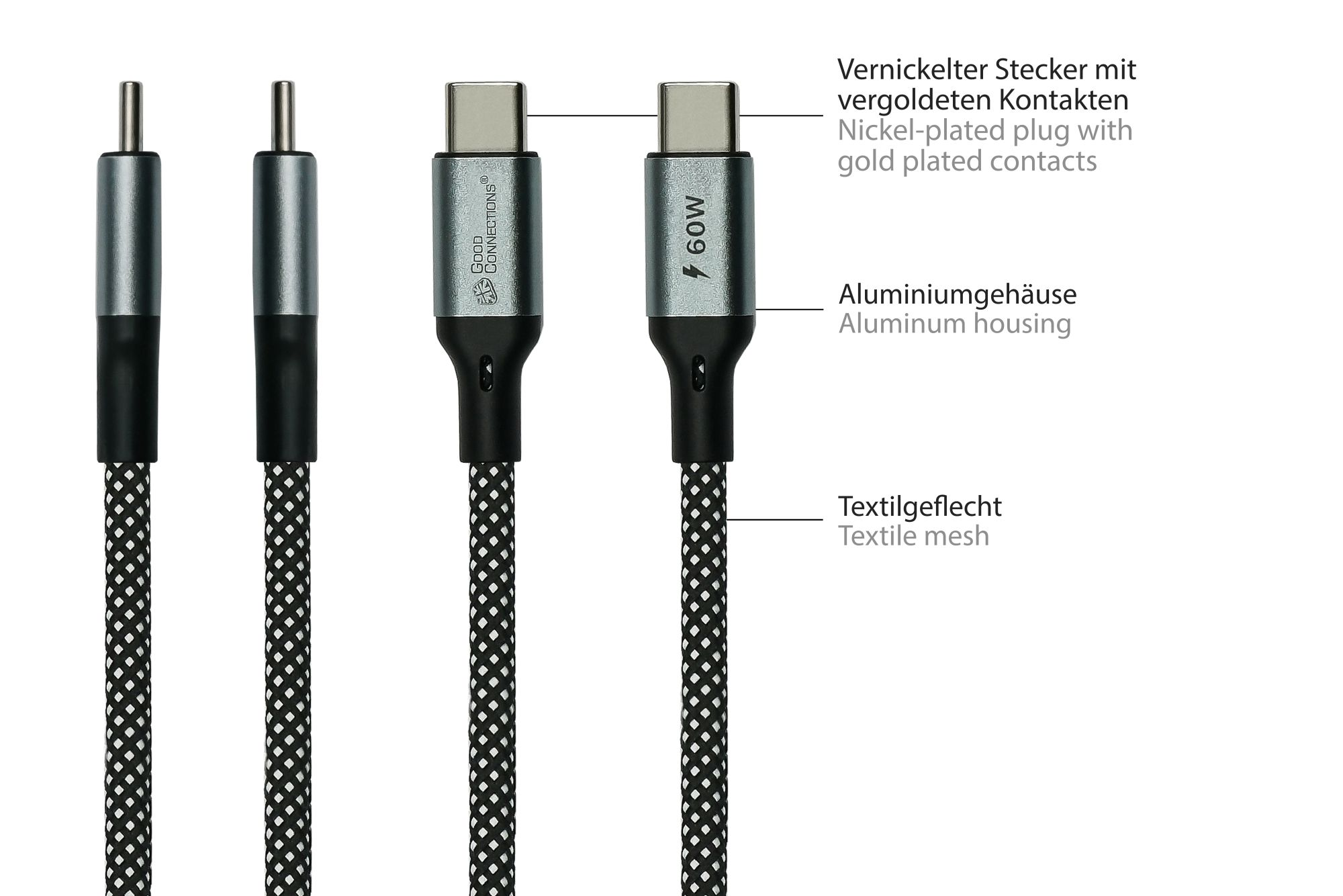 USB-C-Kabel mit Beschriftung: 'Vernickelter Stecker', 'Aluminiumgehäuse', 'Textilgeflecht'.