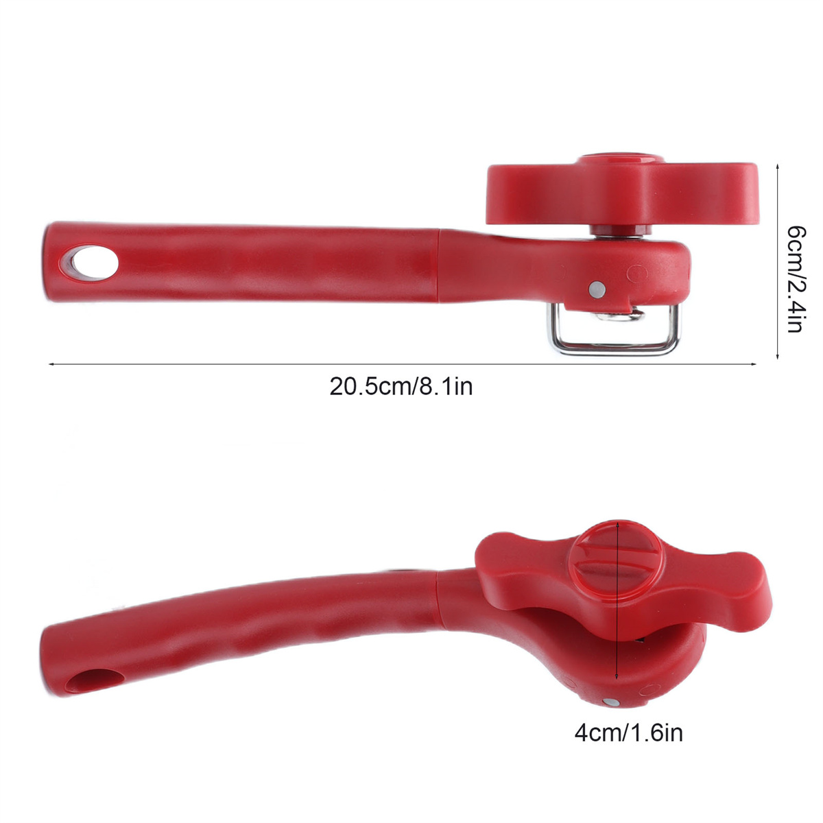 Roter Dosenöffner mit langem Griff, Seitenansicht und Draufsicht. Mit Rad und Griff.