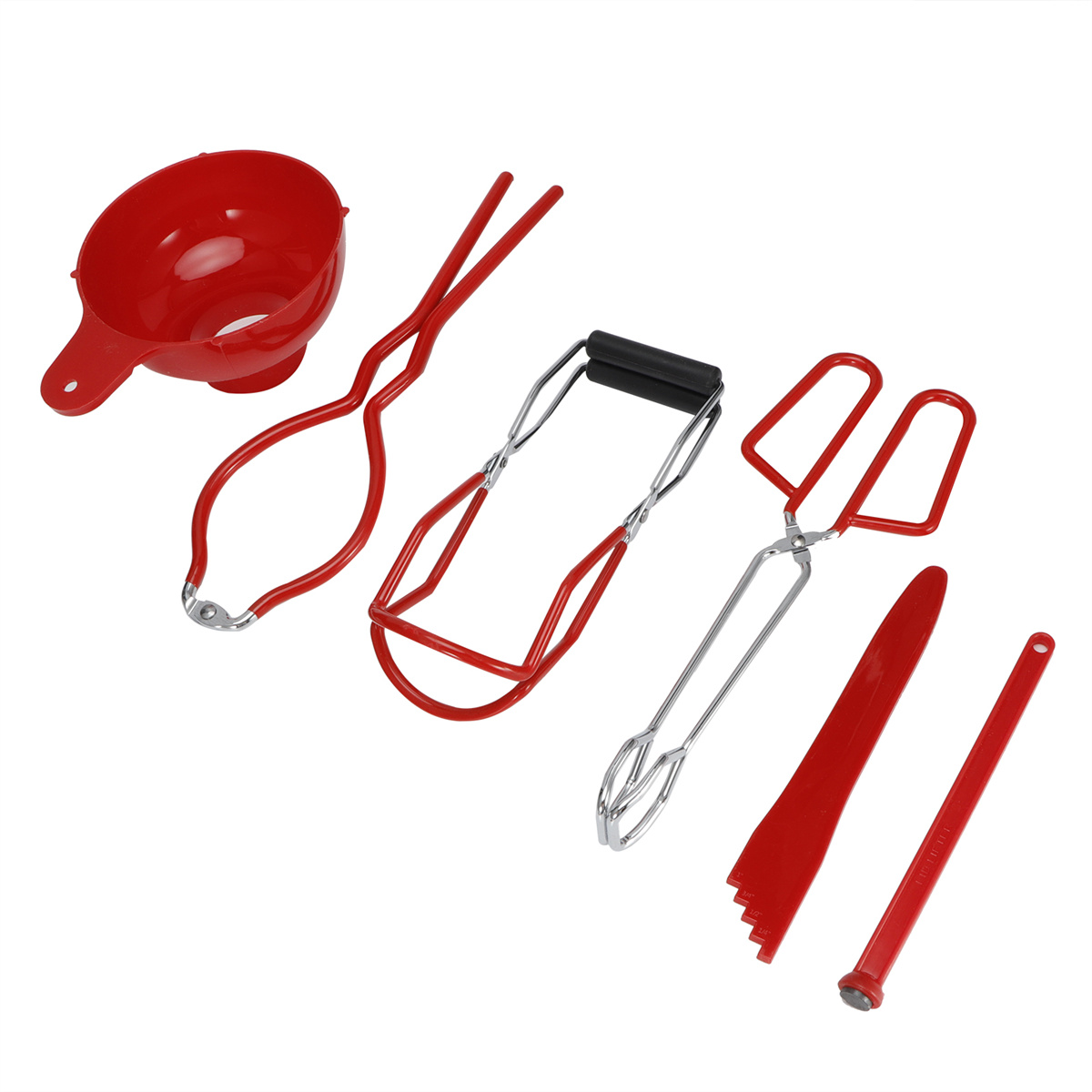 Set von Küchenwerkzeugen zum Einmachen: Trichter, Zangen, Gläserheber und anderes rotes Zubehör.