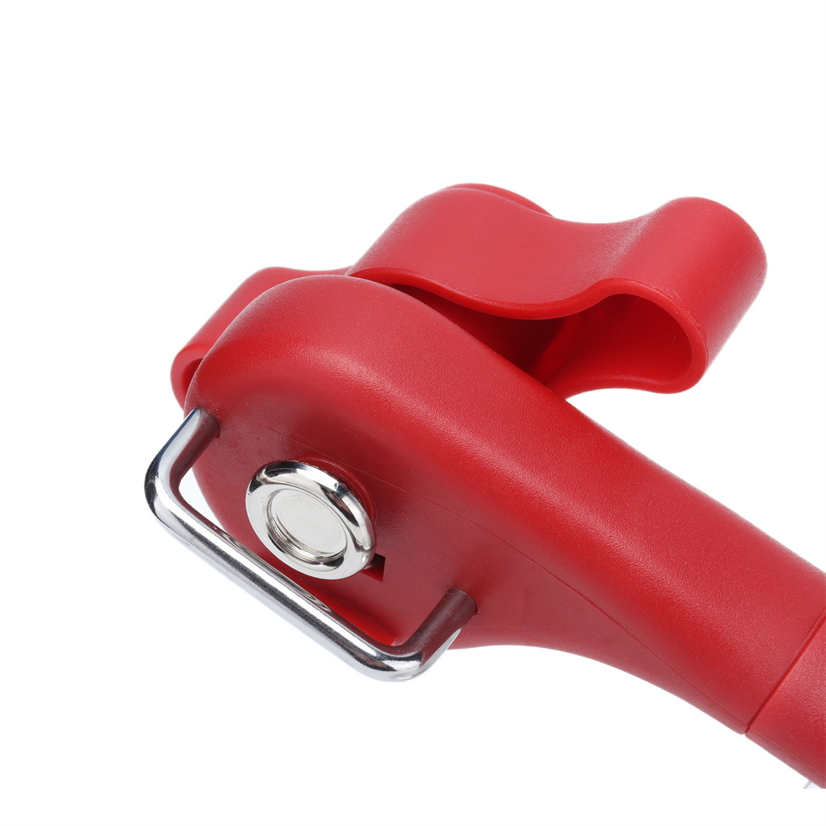 Roter Dosenöffner mit silberfarbenem Griff und rundem, metallischem Knopf.
