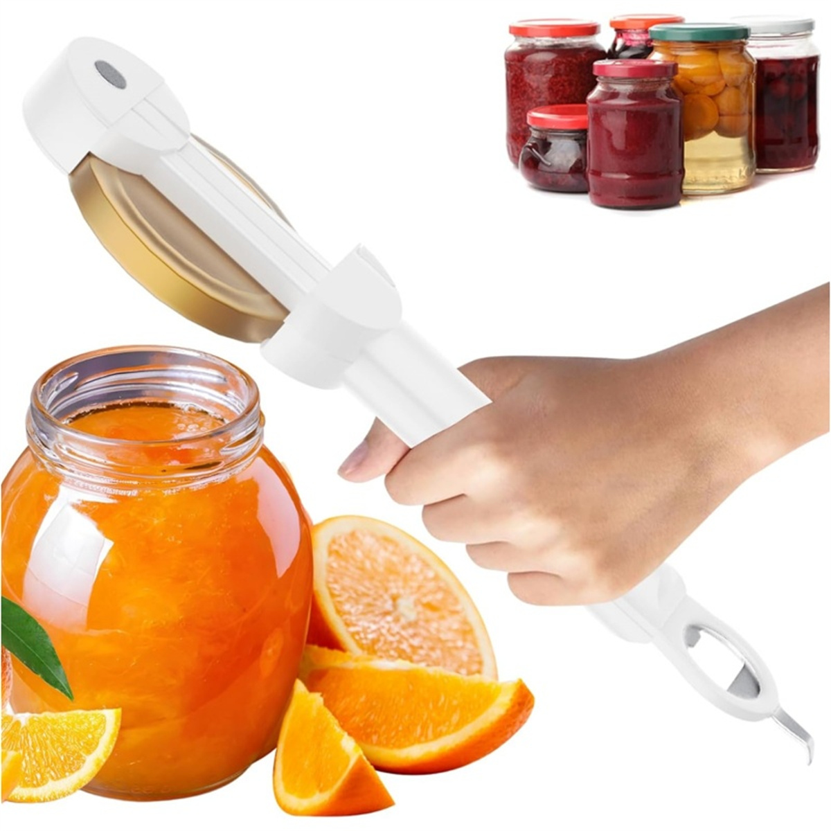 Eine Hand, die einen Gläseröffner benutzt. Marmeladenglas und Orangenscheiben.