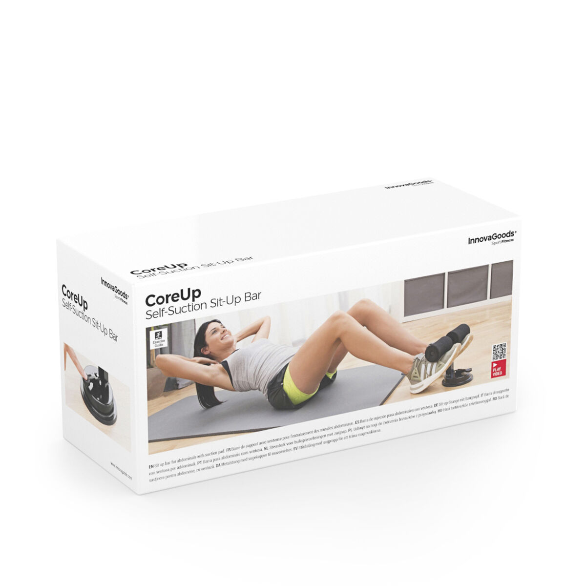 Una caja de producto con una mujer usando una máquina de abdominales. Texto en varios idiomas.
