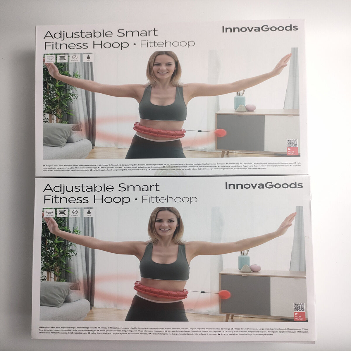 Dos cajas con una mujer usando un aro de fitness. Texto: Aro de fitness inteligente ajustable.