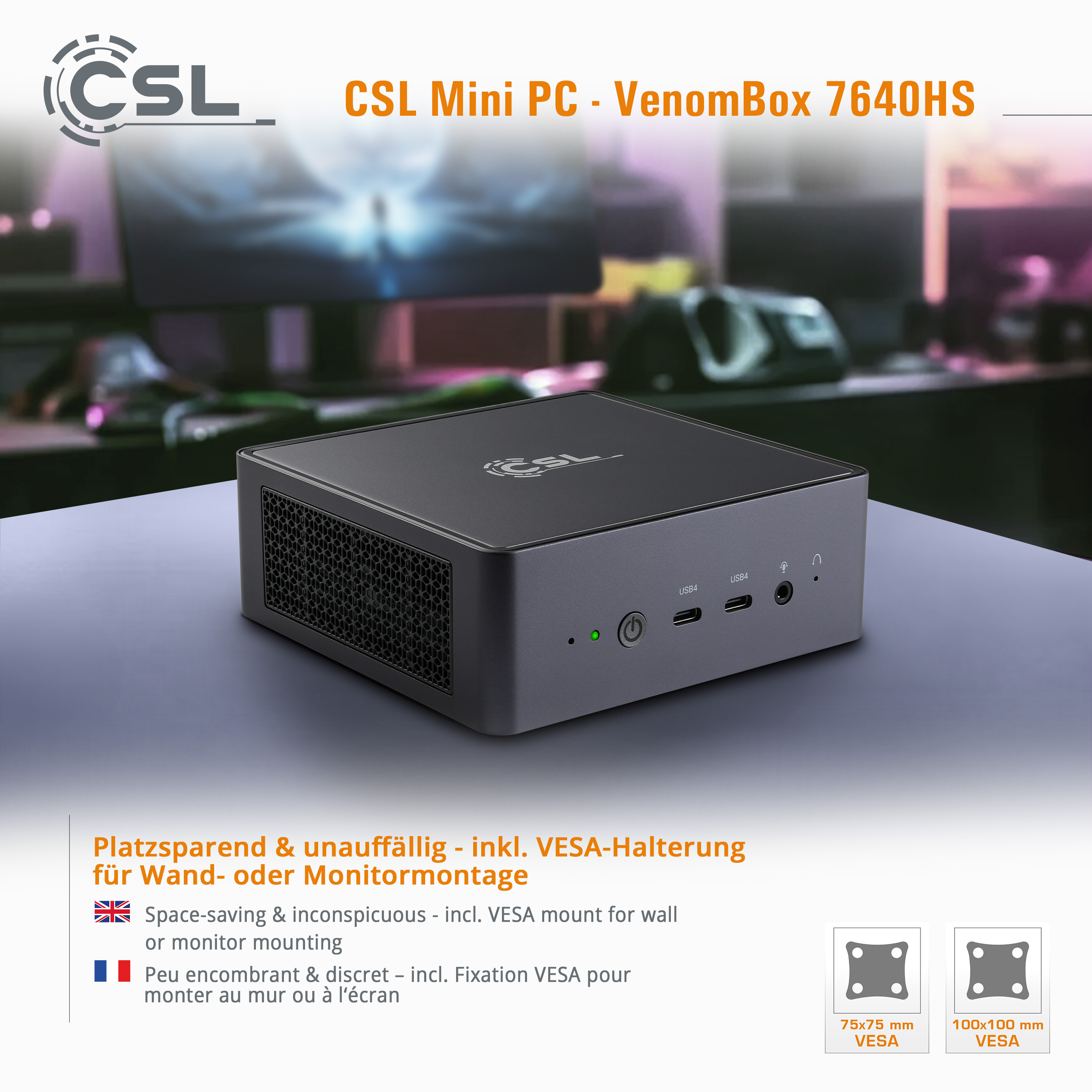 Ein CSL Mini-PC, dunkelgrau, steht auf einer hellen Oberfläche in einer häuslichen Umgebung.
