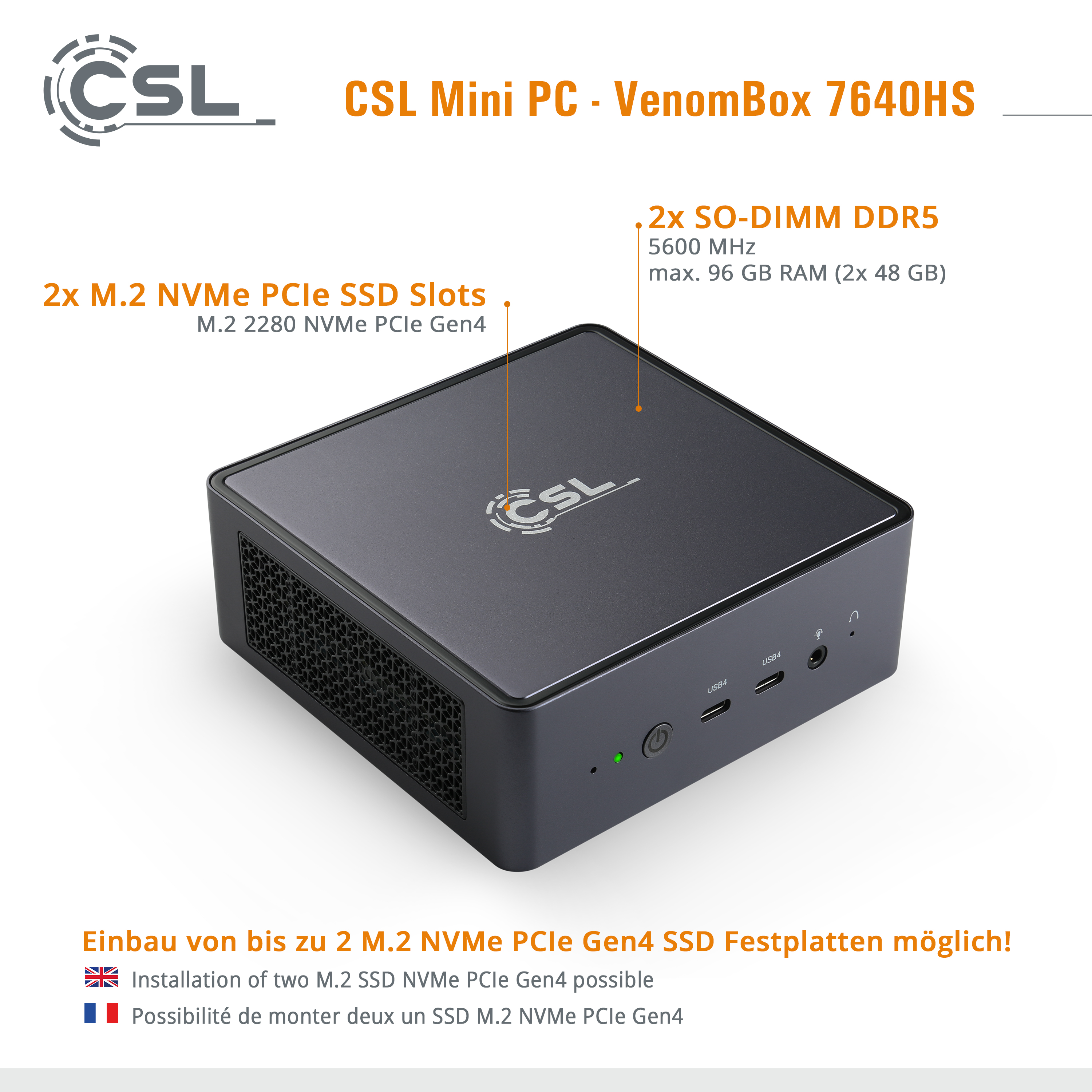 Schwarzer Mini-PC mit technischen Details, mit Textbeschriftungen und Anschlüssen sichtbar. Weißer Hintergrund.