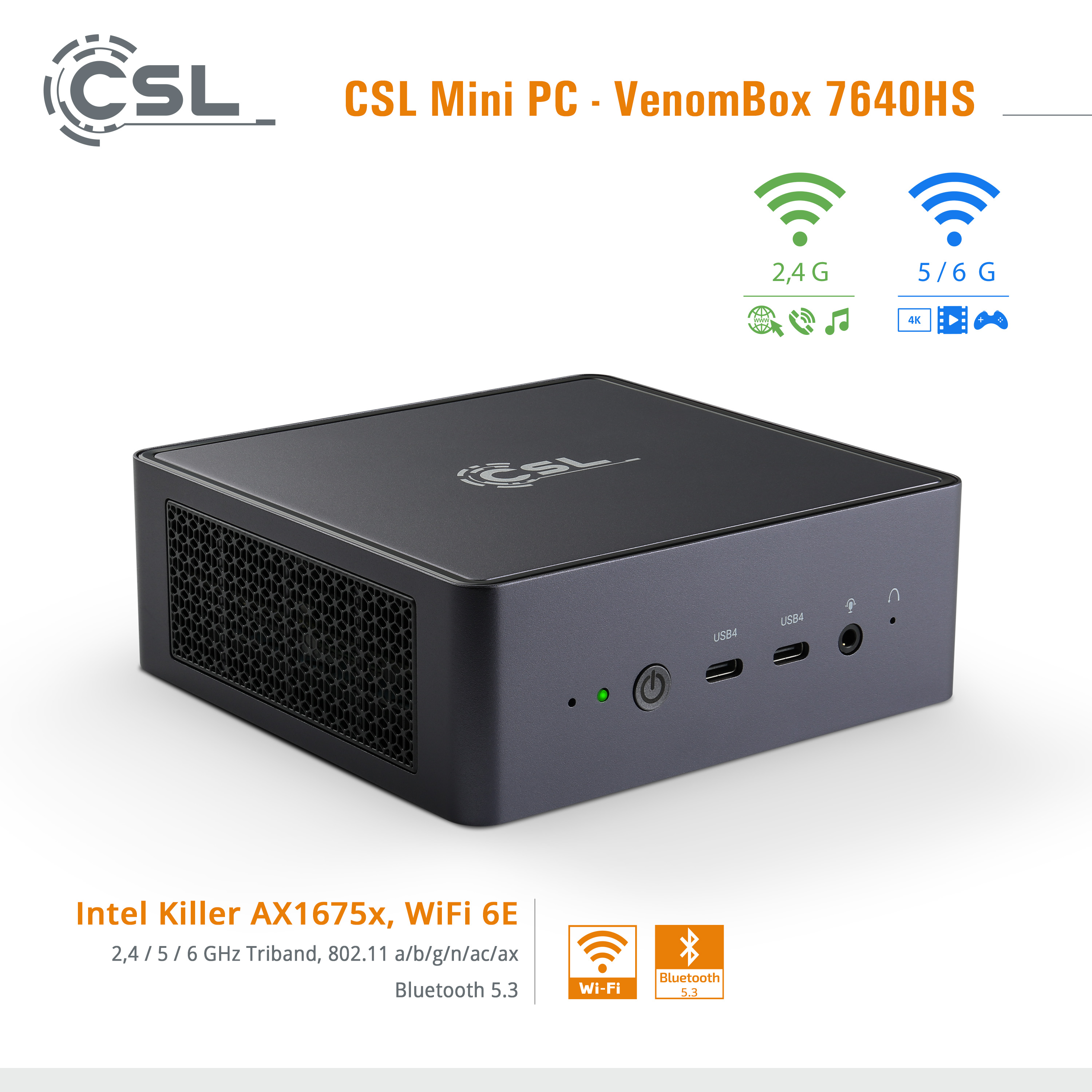 Ein schwarzer CSL Mini PC - VenomBox 7640HS auf weißem Untergrund. Mit Wi-Fi- und Bluetooth-Logos.
