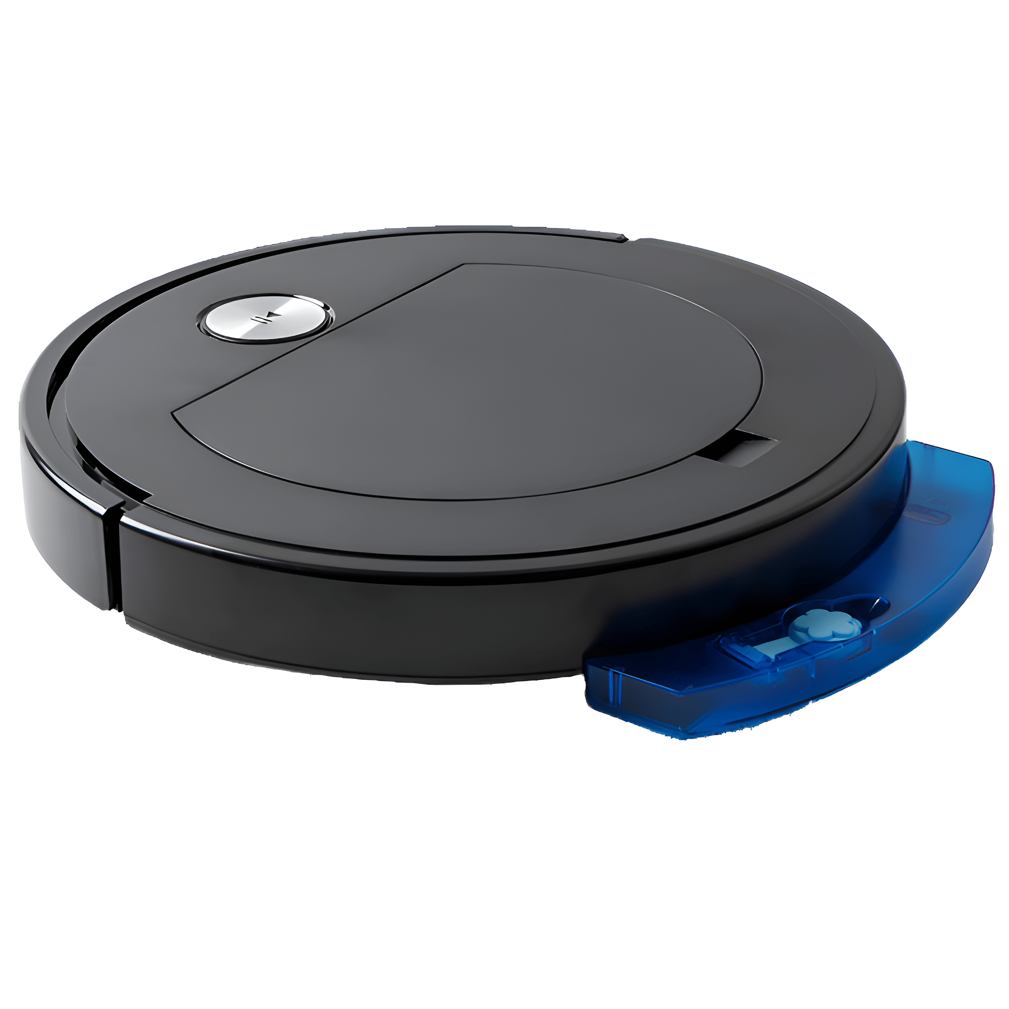 Ein schwarzer Roboter-Staubsauger mit einem blauen Wassertank und einem silbernen Knopf.