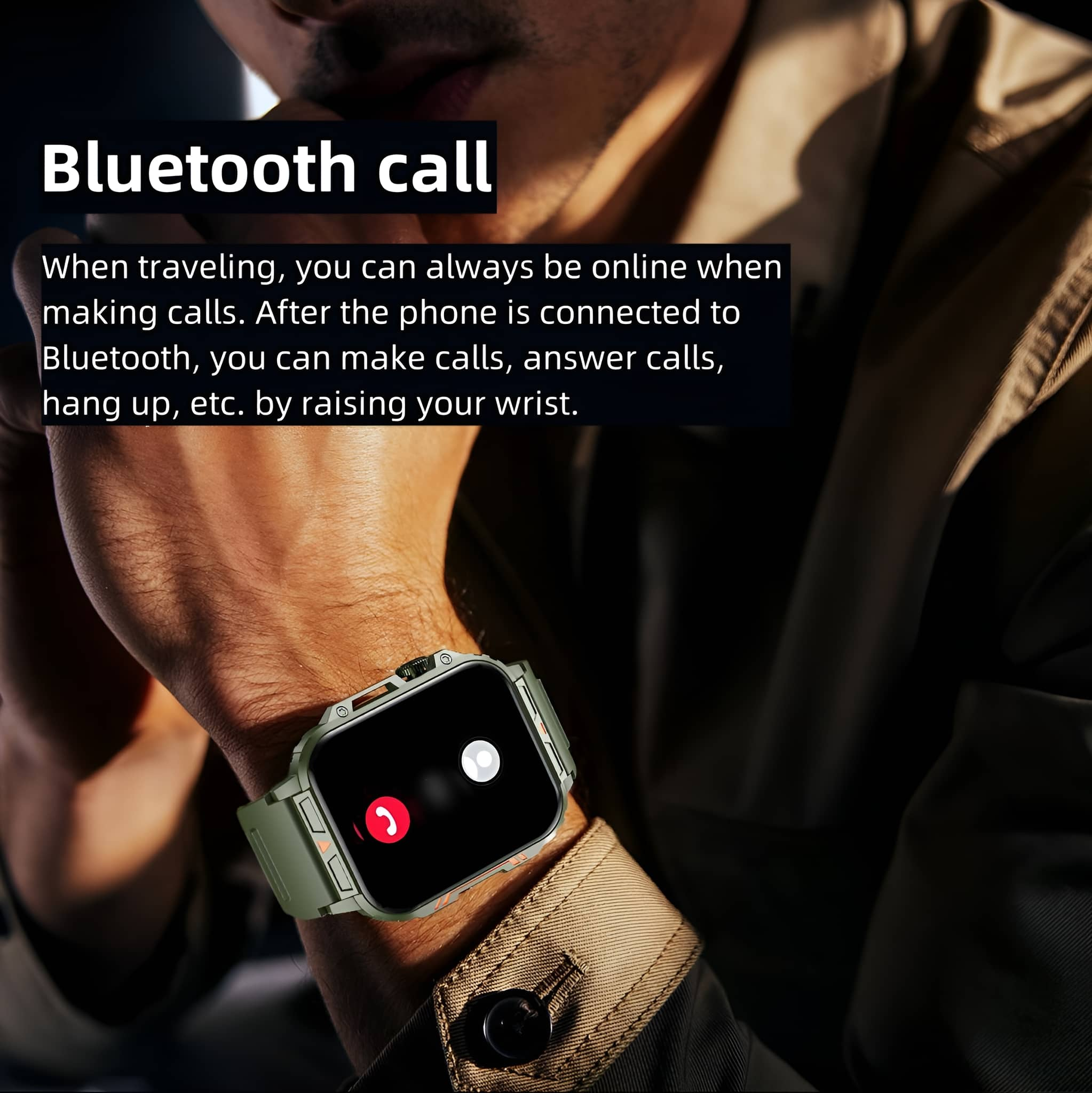 Ein Mann mit einer Smartwatch mit aktivem Anrufbildschirm. Text im Bild erklärt Bluetooth-Anruffunktionen.