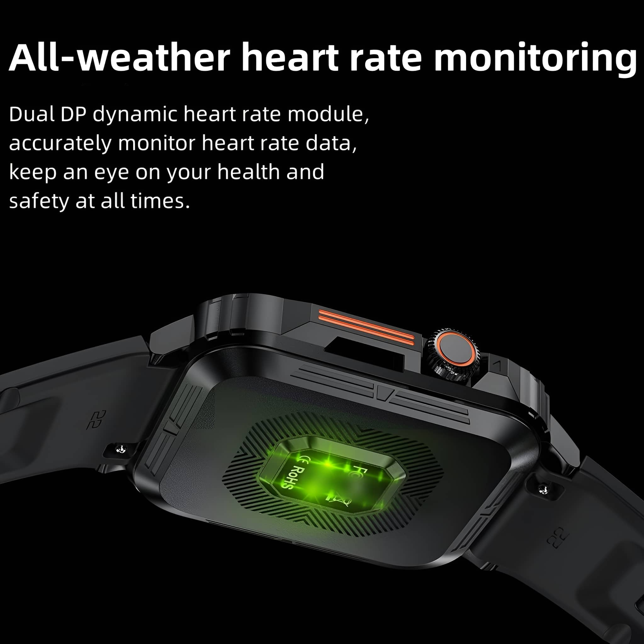Nahaufnahme einer Smartwatch mit schwarzem Gehäuse. Die Uhr zeigt Herzfrequenzdaten an. Die Uhr liegt auf schwarzem Untergrund.