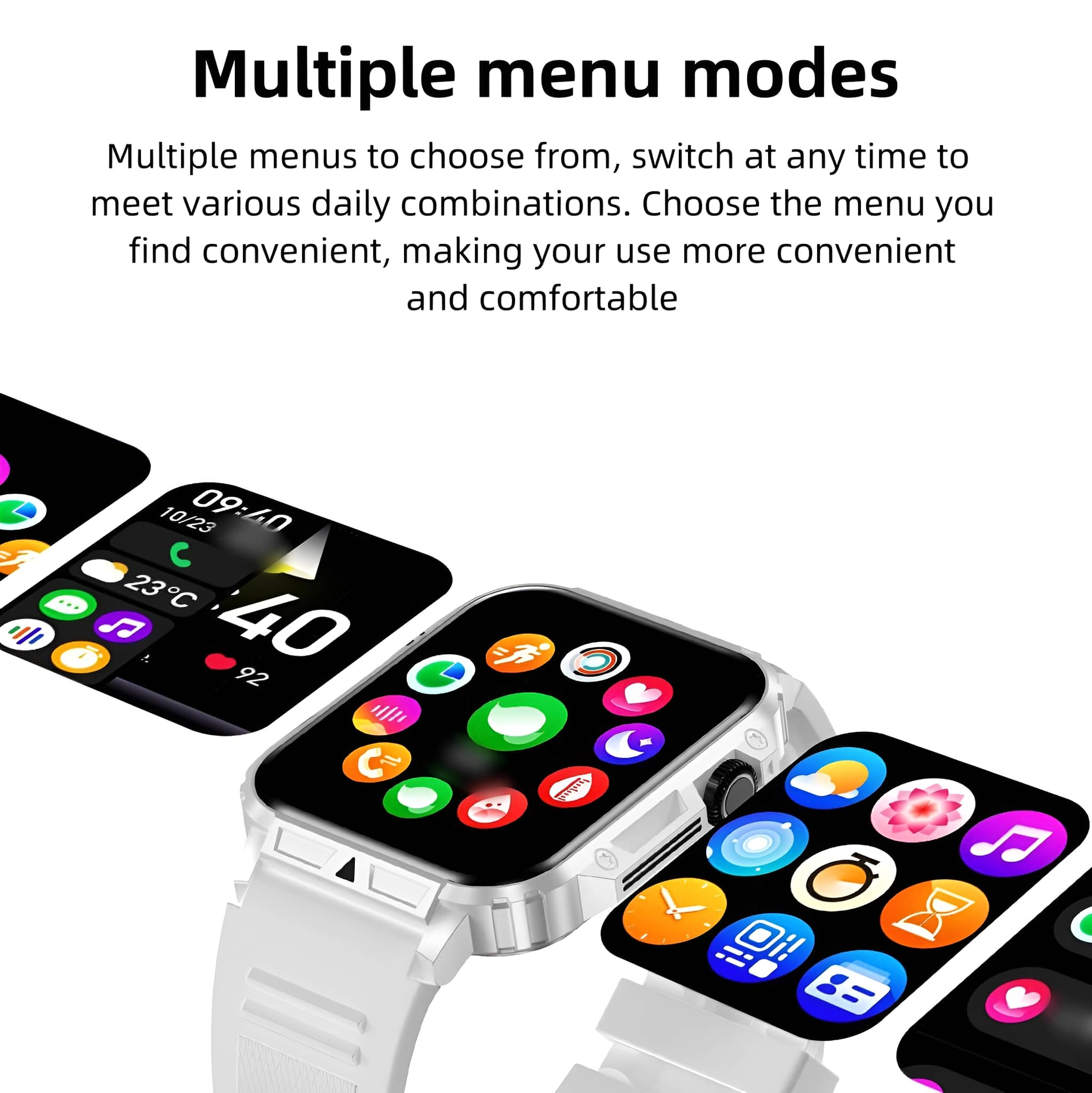 Smartwatch mit weißem Armband und mehreren Bildschirmen, die verschiedene App-Oberflächen mit bunten Symbolen zeigen.