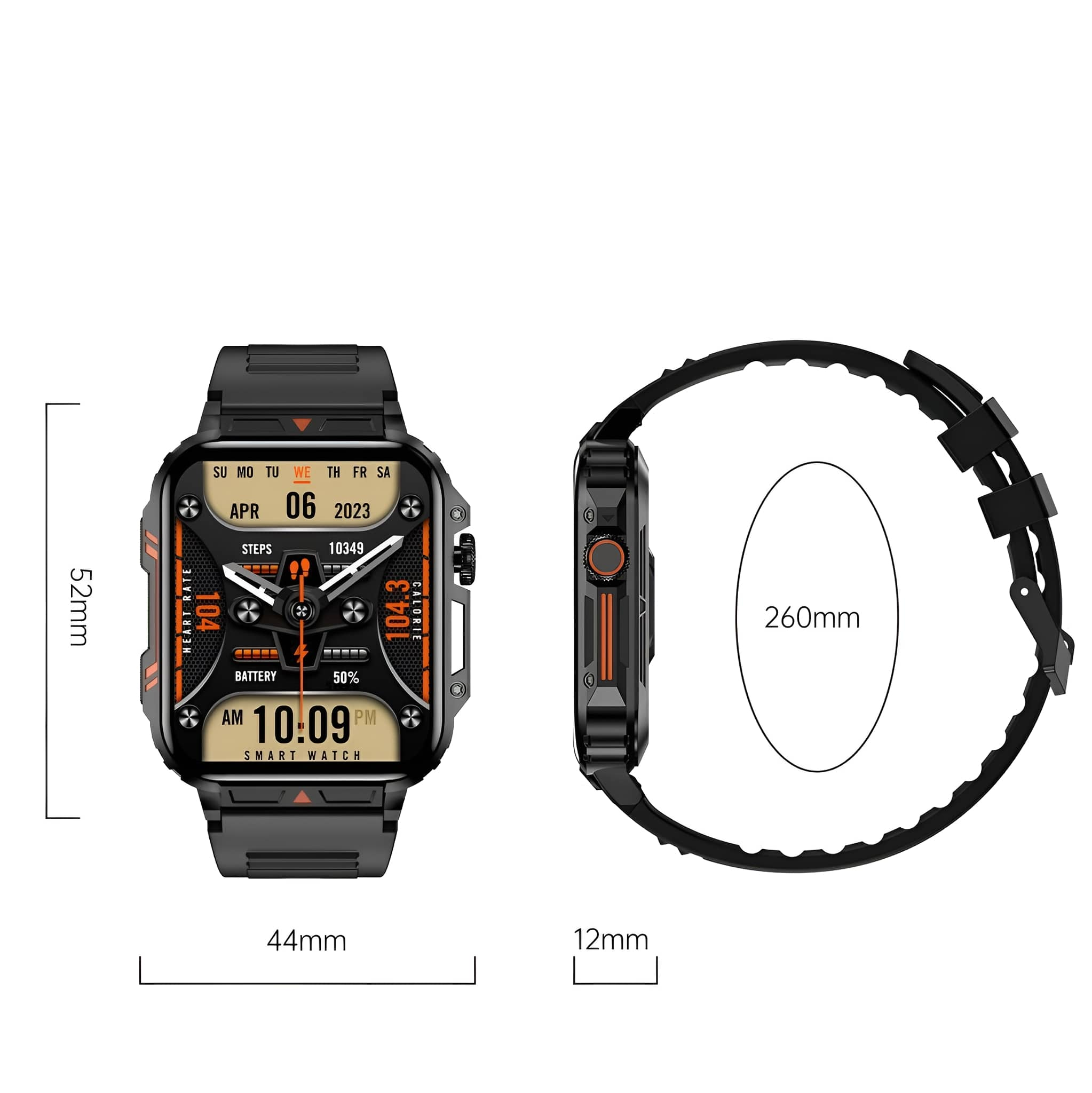 Schwarze Smartwatch mit Display und Seitenansicht, mit Maßangaben. Schwarzes Armband.