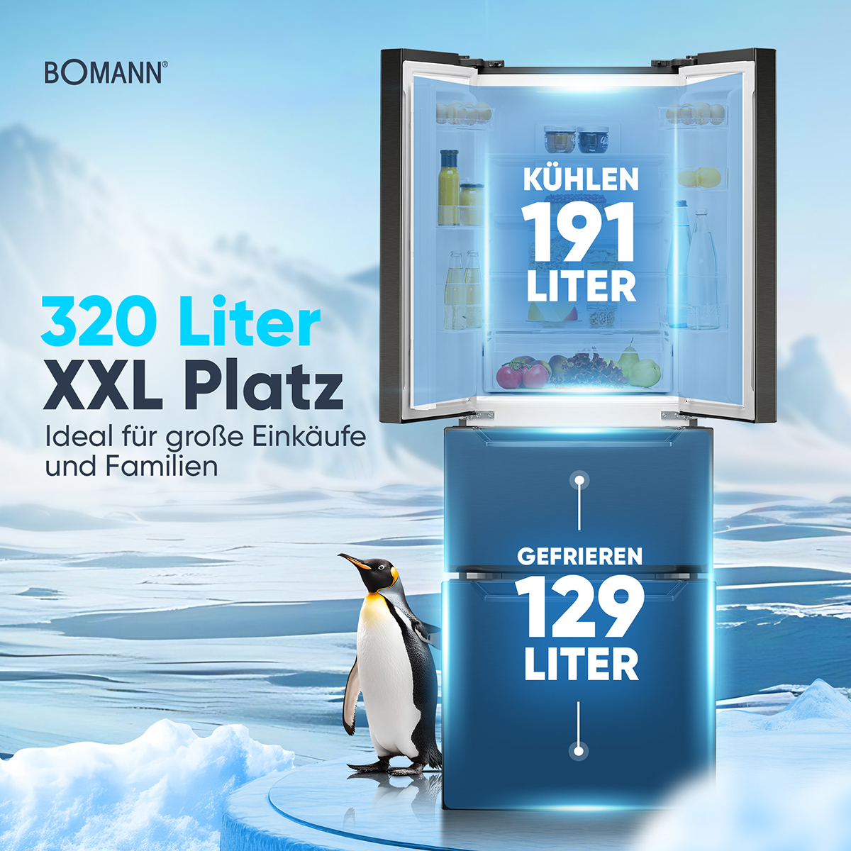 Czarno-niebieska lodówka, otwarta, aby ukazać wnętrze z półkami i produktami.