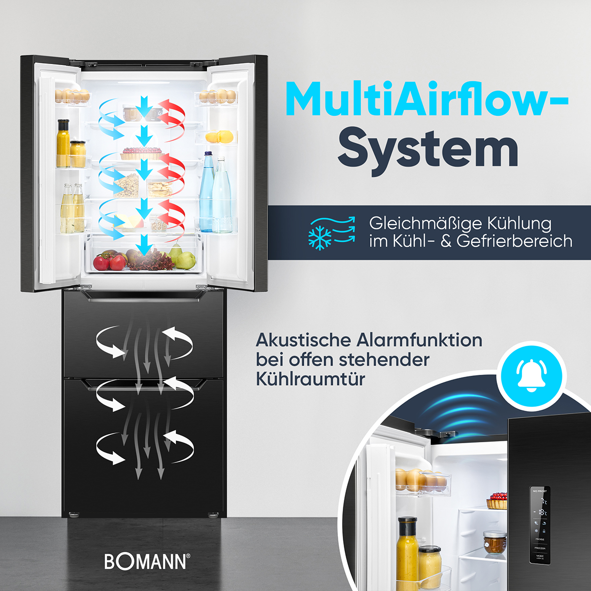 Czarna lodówka Bomann z otwartymi drzwiami pokazującymi jedzenie, diagramy i tekst.