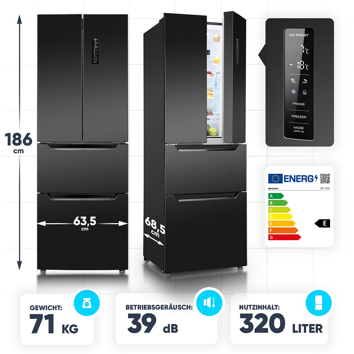 Czarna lodówka, otwarta, aby pokazać zawartość. Wymiary i etykieta energetyczna znajdują się z boku.