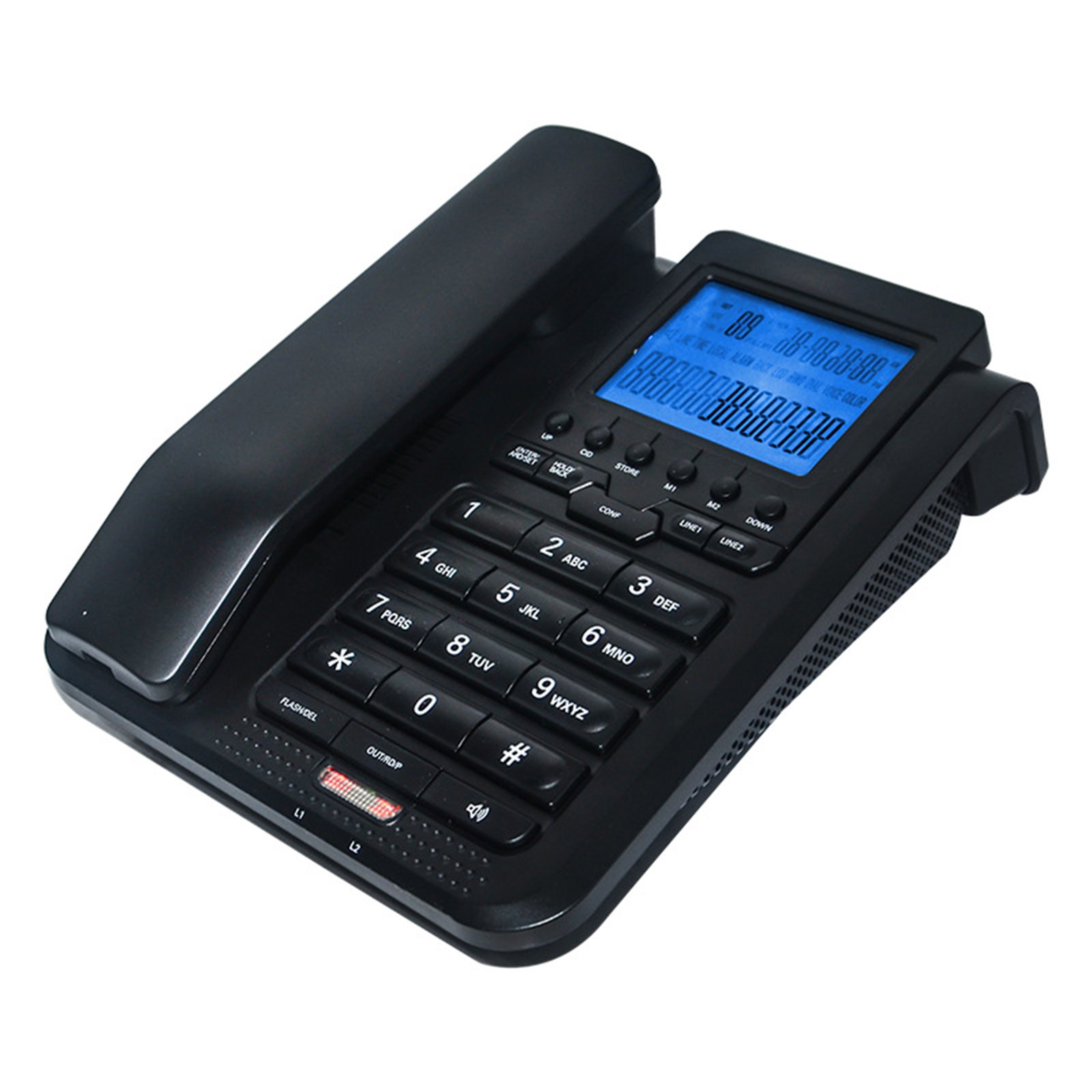 Schwarzes Festnetztelefon mit Nummernknöpfen, Display und Hörer. Das Display ist beleuchtet.