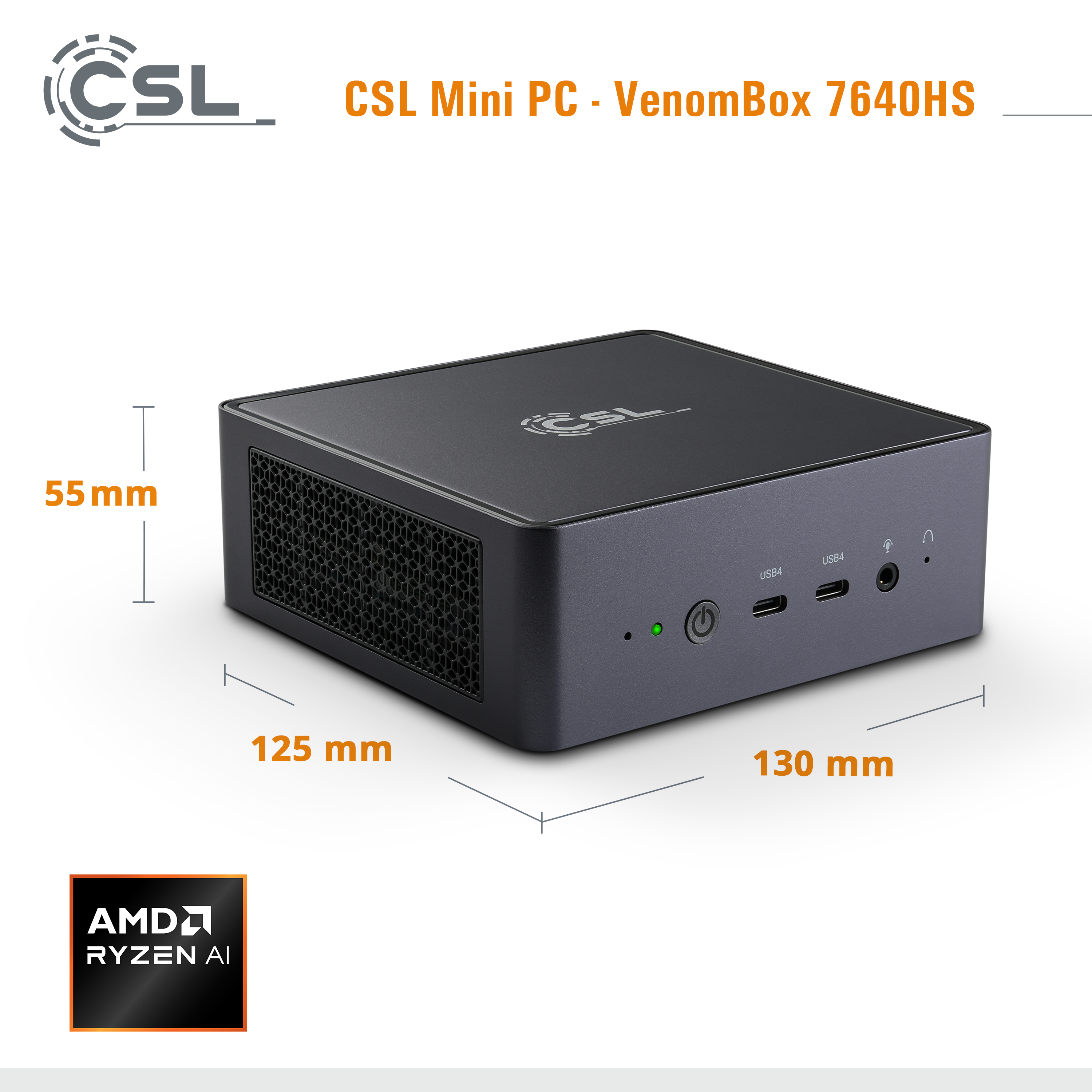 Ein kleiner schwarzer Computer mit dem CSL-Logo. Er steht auf einer weißen Oberfläche mit Maßangaben an der Seite.