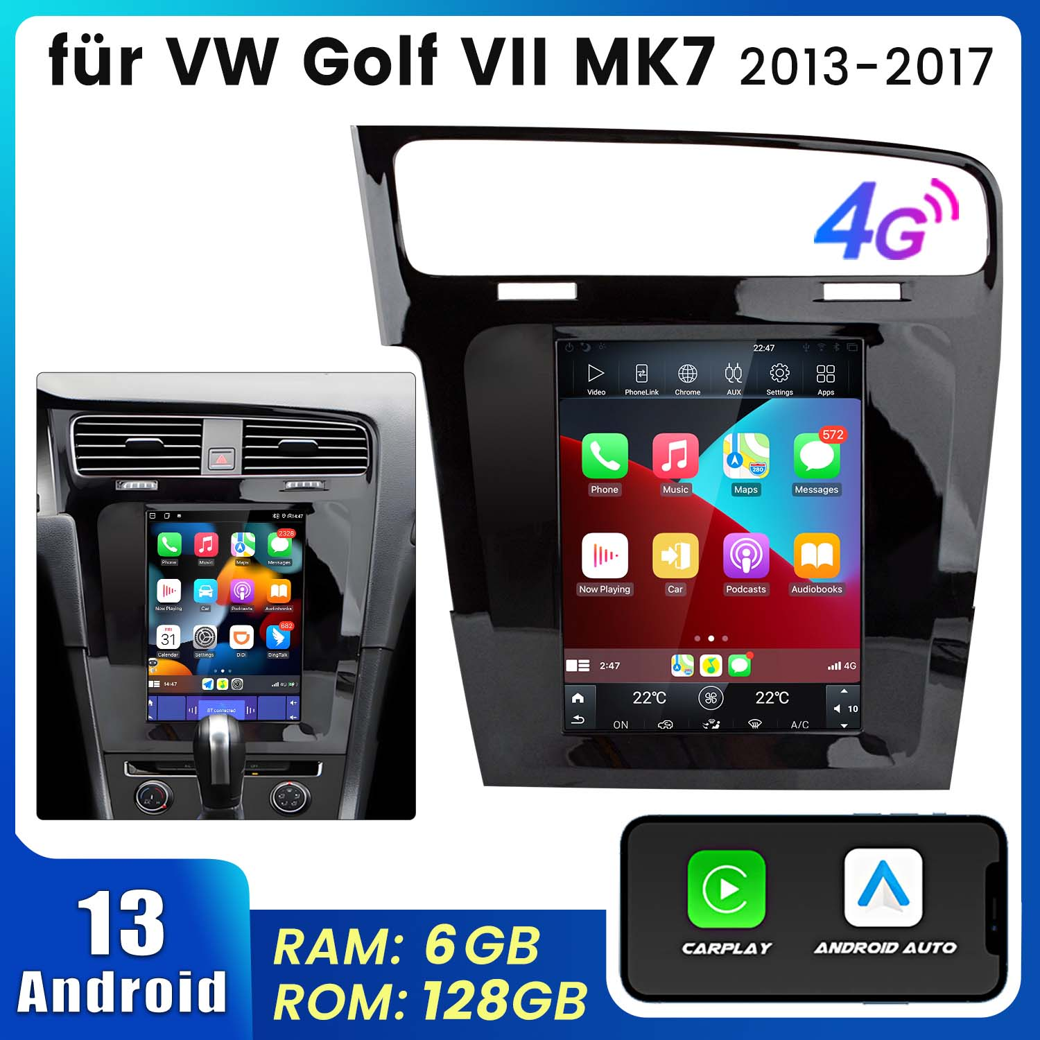 Ekran radia samochodowego, z 4G, wyświetlający ustawienia. Zawiera ikony aplikacji nawigacji i telefonu.